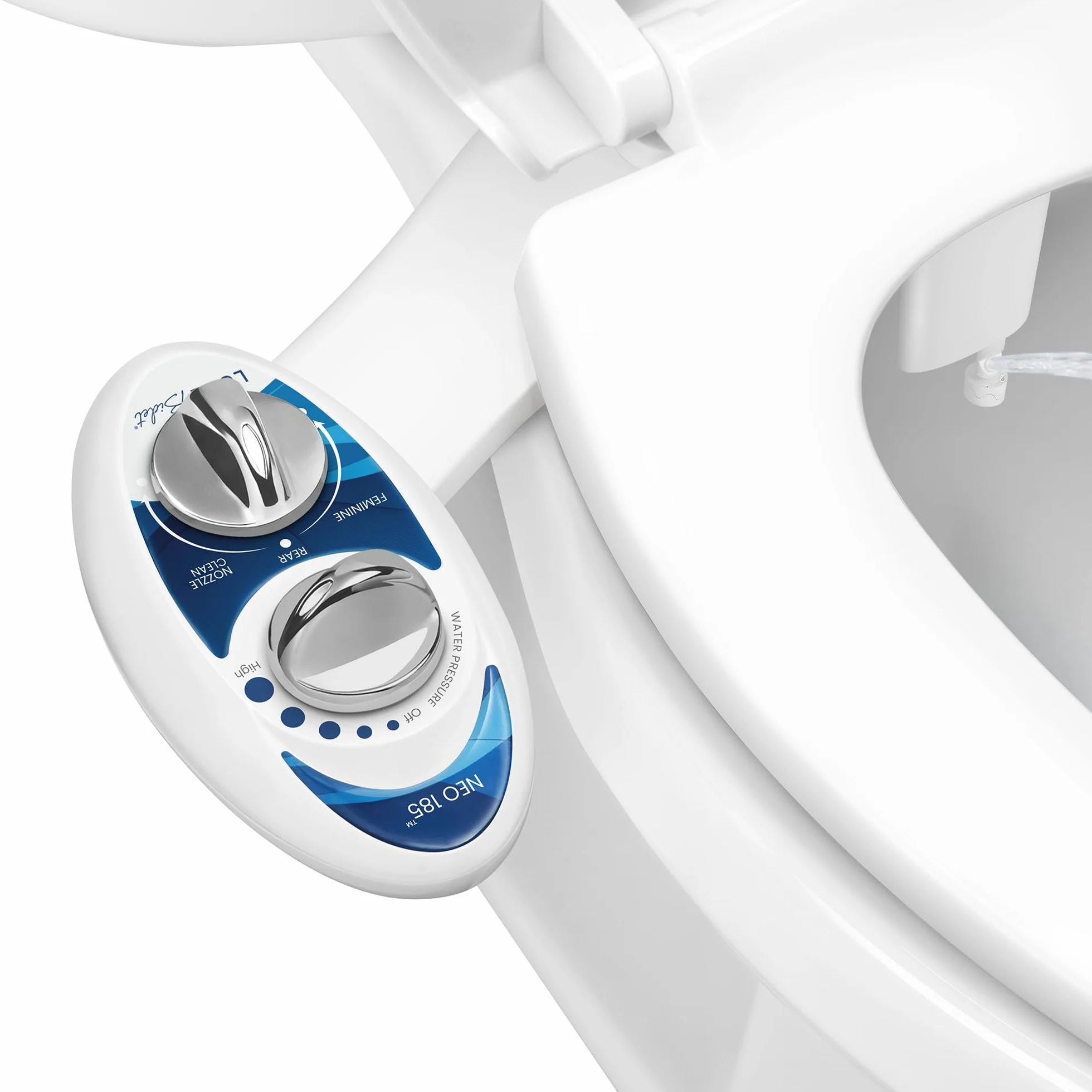 LUXE Bidet Neo 185 (Elite) nieelektryczna nasadka bidetowa z samoczyszczącą podwójną dyszą, regulacją ciśnienia wody, niebieska i biała