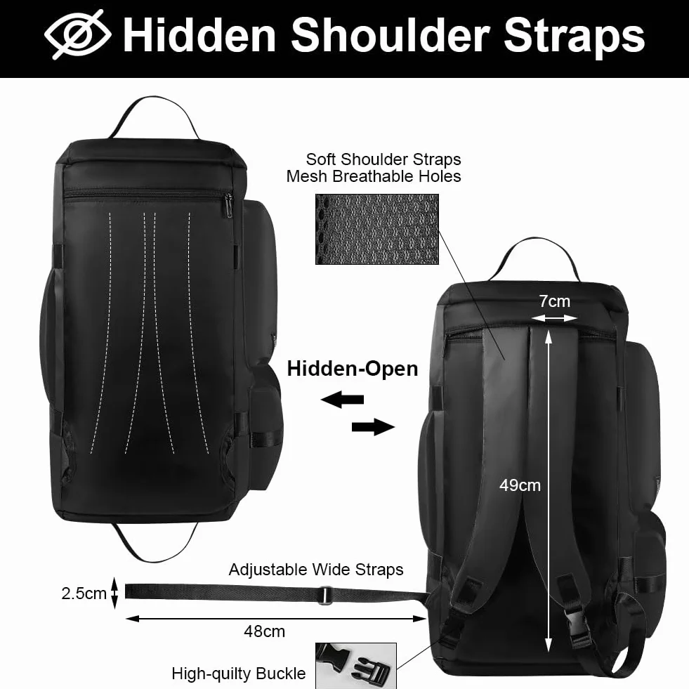 Flintronic Torba sportowa 65 l z kieszenią na buty, funkcja plecaka, czarny