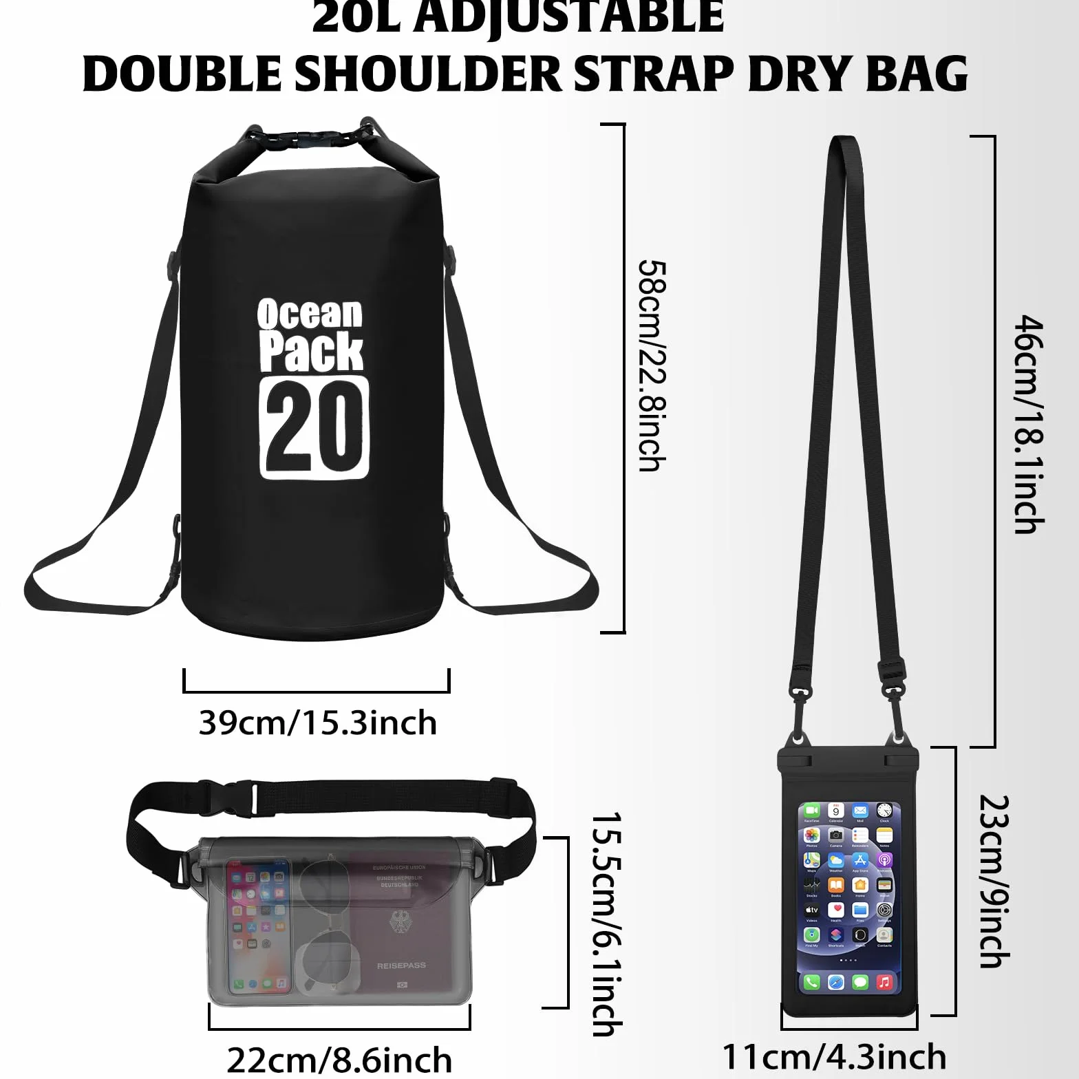 Gucass Dry Bag, 20 L Worek wodoszczelny Wodoszczelna torba regulowanym pasek na ramię, na Telefon Komórkowy, Regulowany Pasek na Ramię, na kemping, rafting, pływanie, surfowanie, Czarny