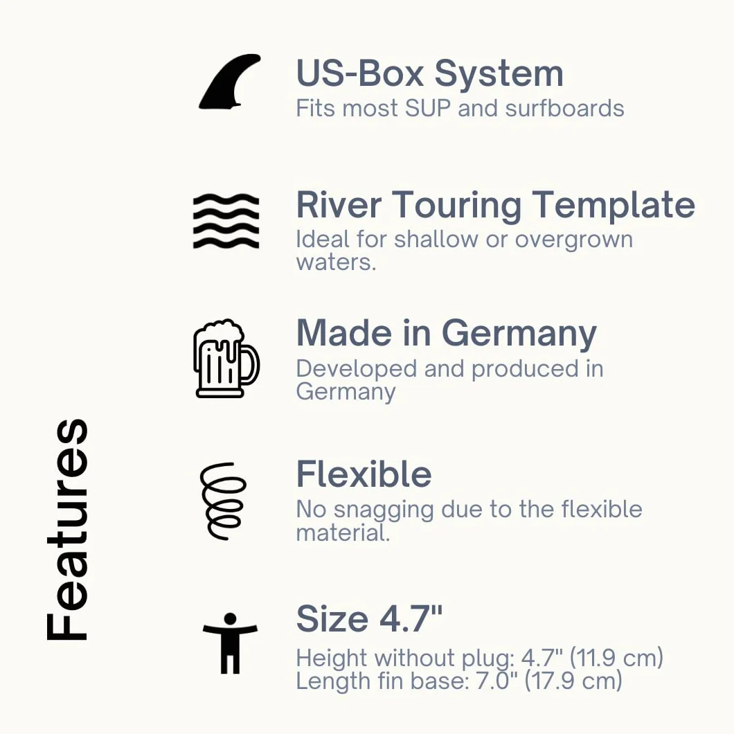 US-Box elastyczna płetwa rzeczna SUP – Touring River i komin z trawy morskiej Made in Germany – centralny fin pasuje do wielu desek SUP (rozmiar 11,9 cm)