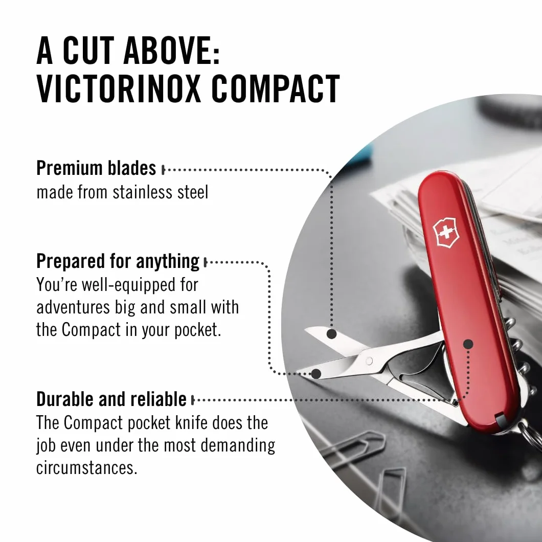 Victorinox Taschenmesser Compact (15 Funktionen, Kombi-Klinge, Kugelschreiber, Schere, Mehrzweckhaken) rot