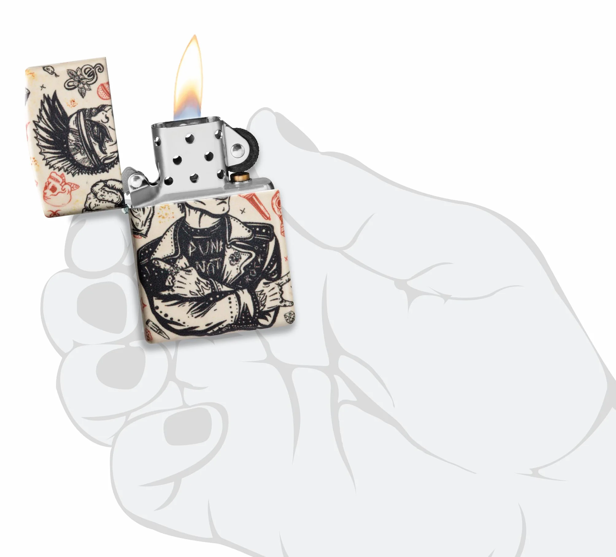 Zippo Punk Rock, Zapalniczka Sztormowa, Kolorowy Nadruk, do Napełniania, Wielokrotnego Użytku, Wiatroodporna Konstrukcja, Pudełko na Prezent, Wykonano w USA, Kolor 540°