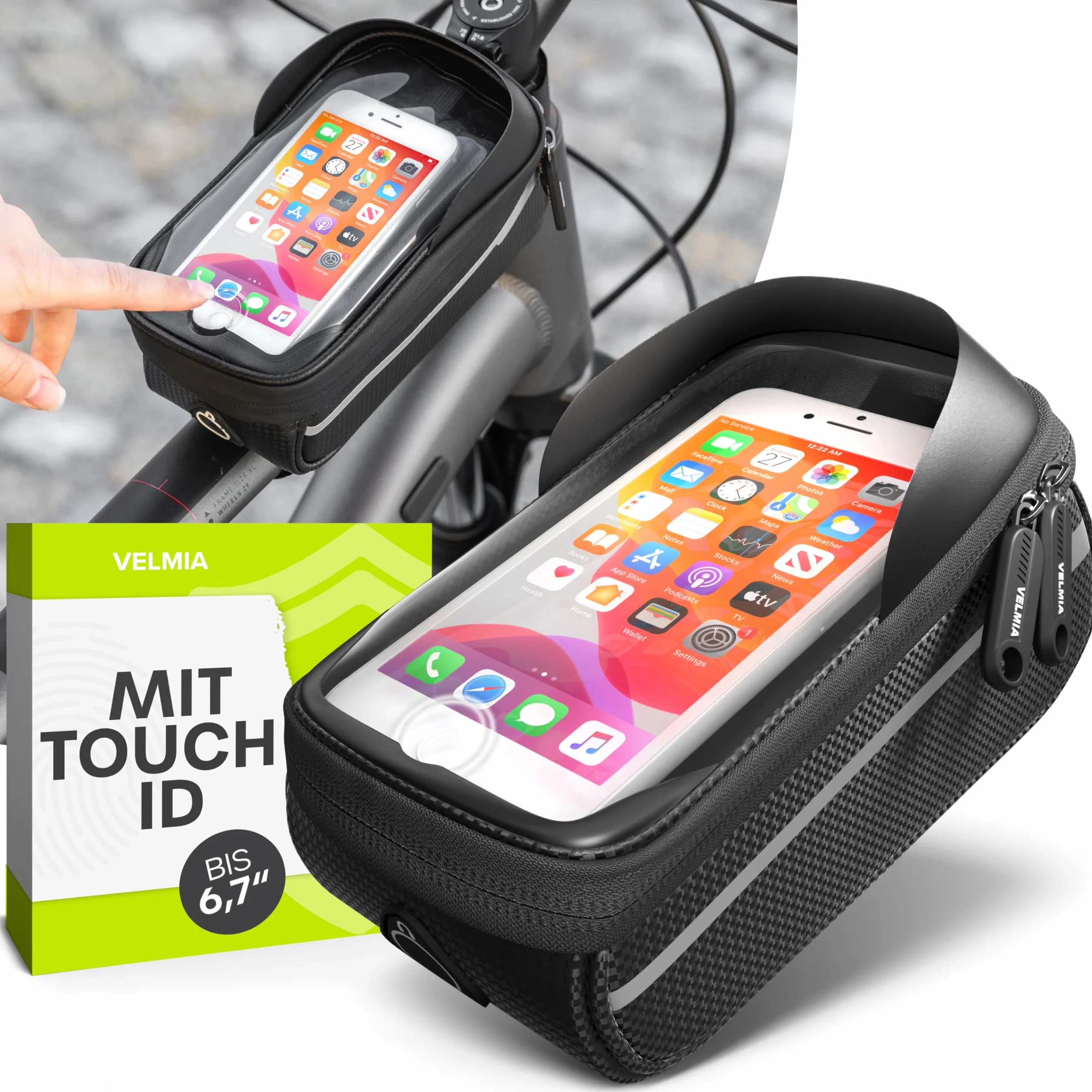 Velmia Torba na ramę roweru, wodoszczelna – uchwyt na telefon komórkowy idealny do nawigacji – torba na rower, torba na telefon komórkowy, akcesoria rowerowe