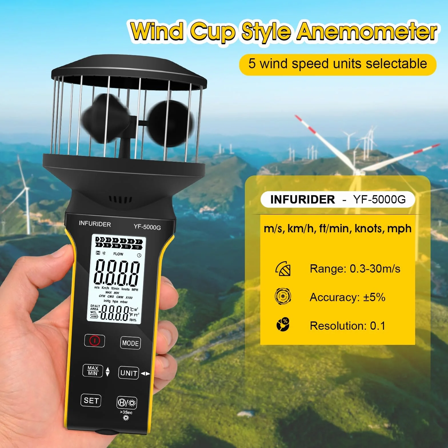 Anemometr INFURIDER, przenośny anemometr z przyciskiem dotykowym zapobiegającym kurzowi, akumulatorowy miernik wiatru, miernik CFM, anemometr prędkości do pomiaru siły wiatru, zimna, temperatury