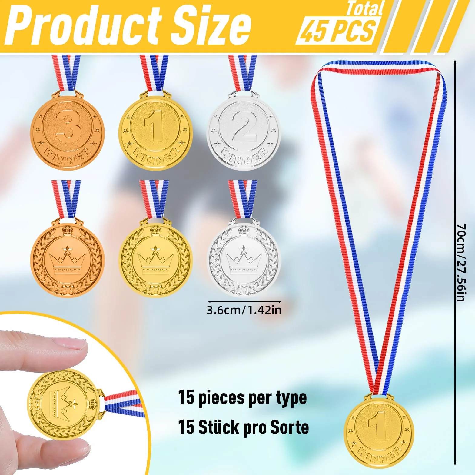 45 sztuk medali dla dzieci, medale z tworzywa sztucznego z łańcuszkiem, medale zwycięzcy, konkursy szkolne, złote medale zwycięzców dla dorosłych, konkursy na światowe festiwale muzyczne, sport