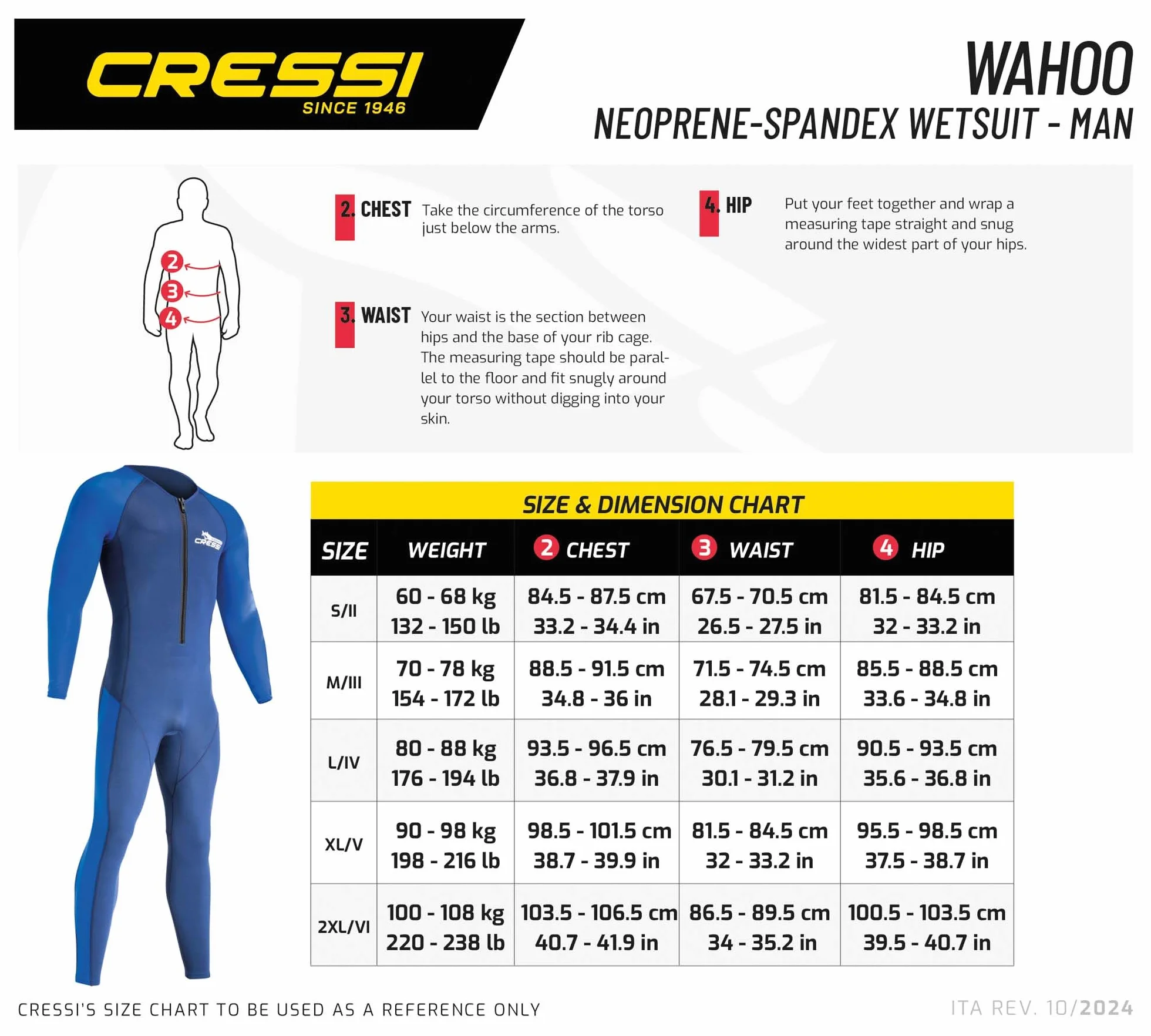 CRESSI Wahoo Man Monopiece kombinezon niebieski/jasnoniebieski 2 mm XL/5 - męski jednoczęściowy kombinezon z neoprenu premium 1,5/2 mm i elastanu idealny do różnych aktywności wodnych,
