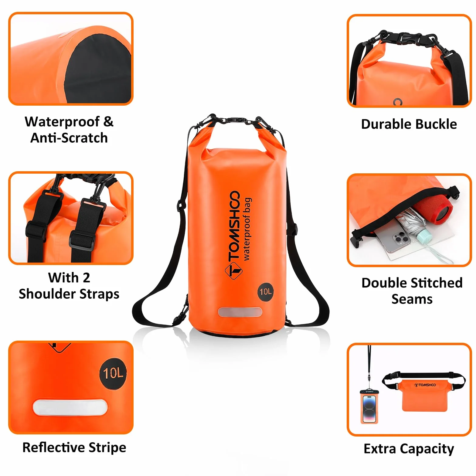 TOMSHOO Dry Bag Set, Wodoodporny Plecak 10L/20L z Wodoodpornym Pokrowcem i Kieszeń na Telefon Komórkowy, Regulowany Pasek na Ramię, Wodoodporny Plecak na Spływy Kajakowe, 10L, Pomarańczowy