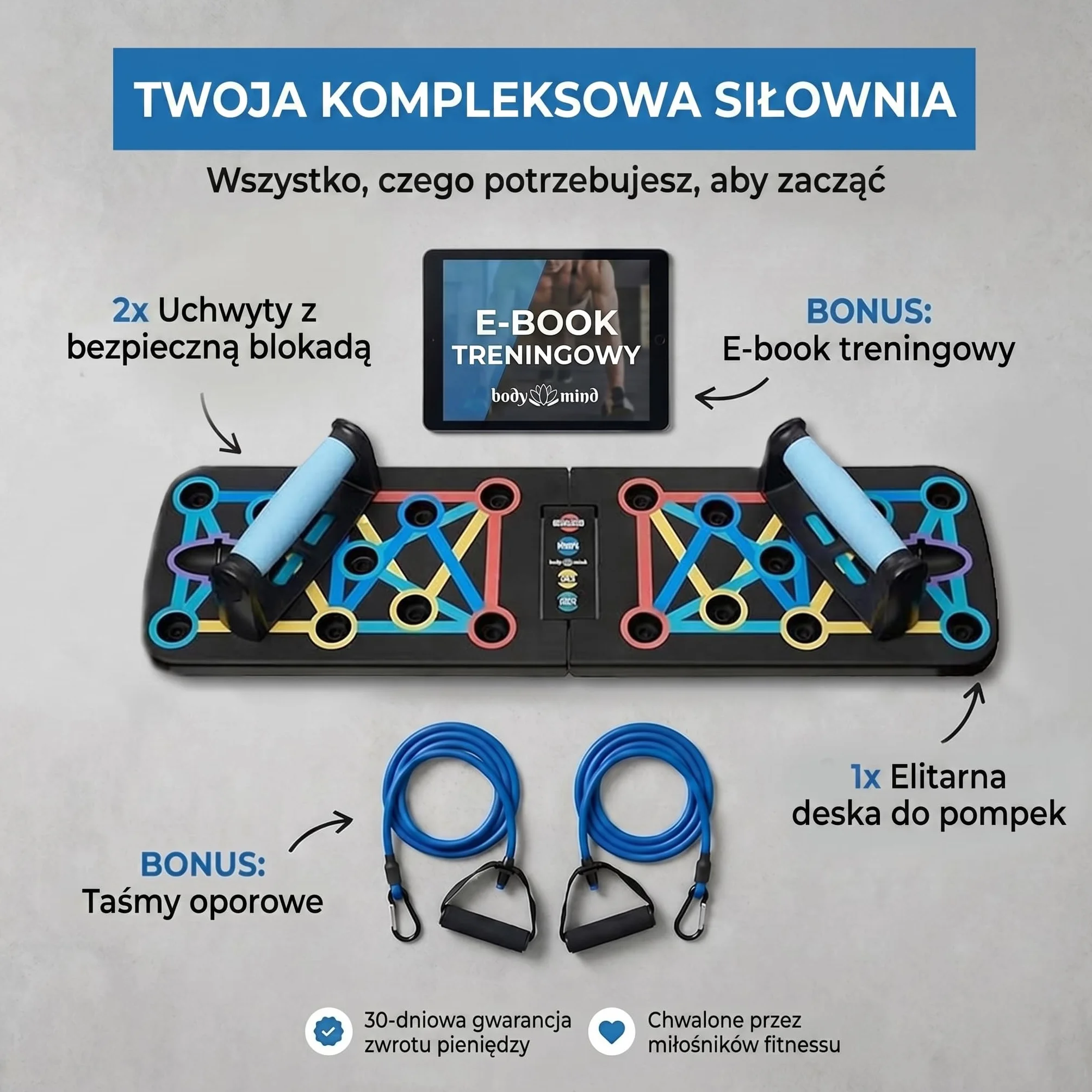 Body & Mind® Deska do pompek; składana, wielofunkcyjna deska Elite Rack Fitness Board do ćwiczeń całego ciała i efektywnych pompek; uchwyty do pompek z darmowymi paskami treningowymi
