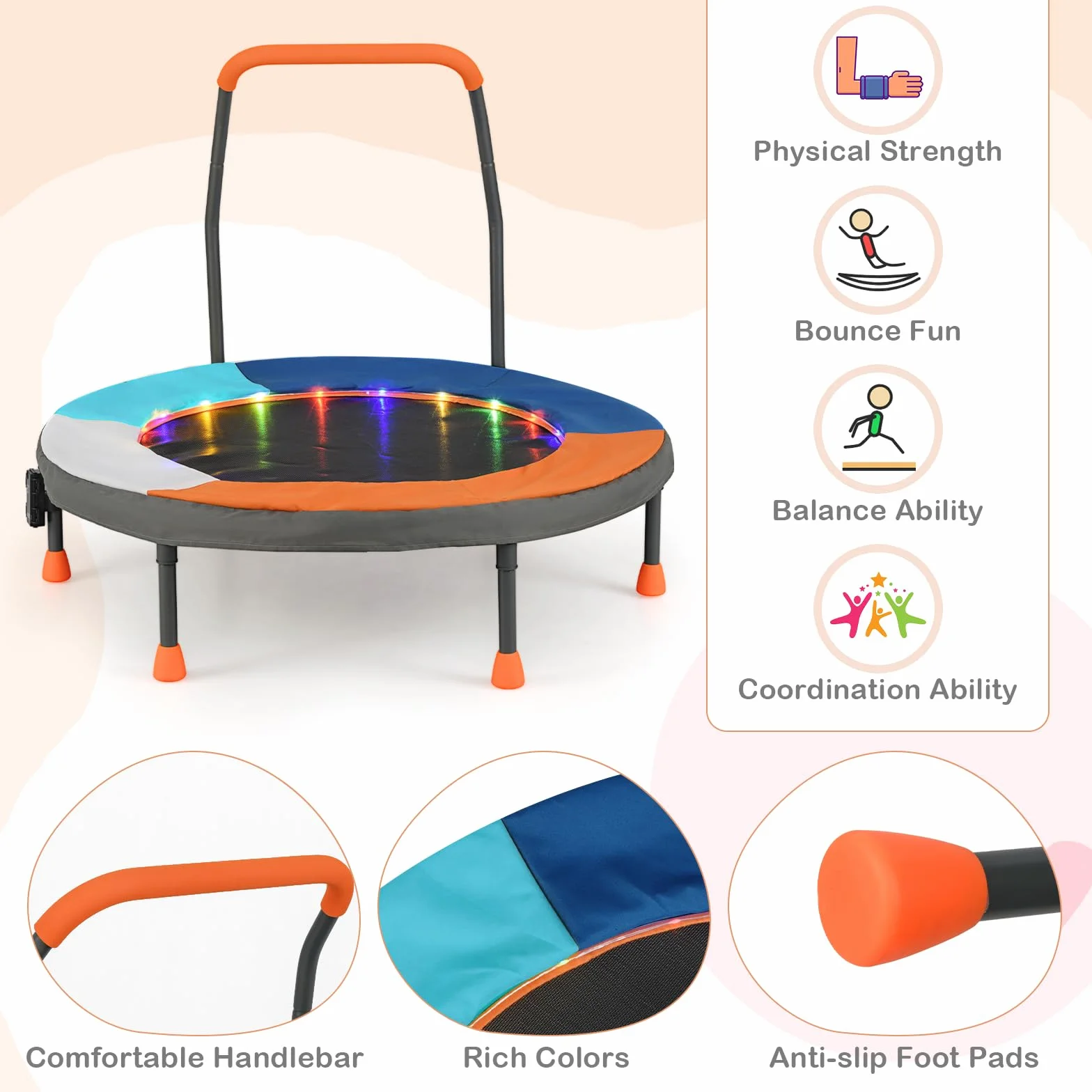 COSTWAY Trampolina dla dzieci o średnicy 90 cm, składana, z oświetleniem LED, z uchwytem i torbą do przenoszenia, mała trampolina ogrodowa, dla dzieci od 3 lat (ciemnoniebieska)