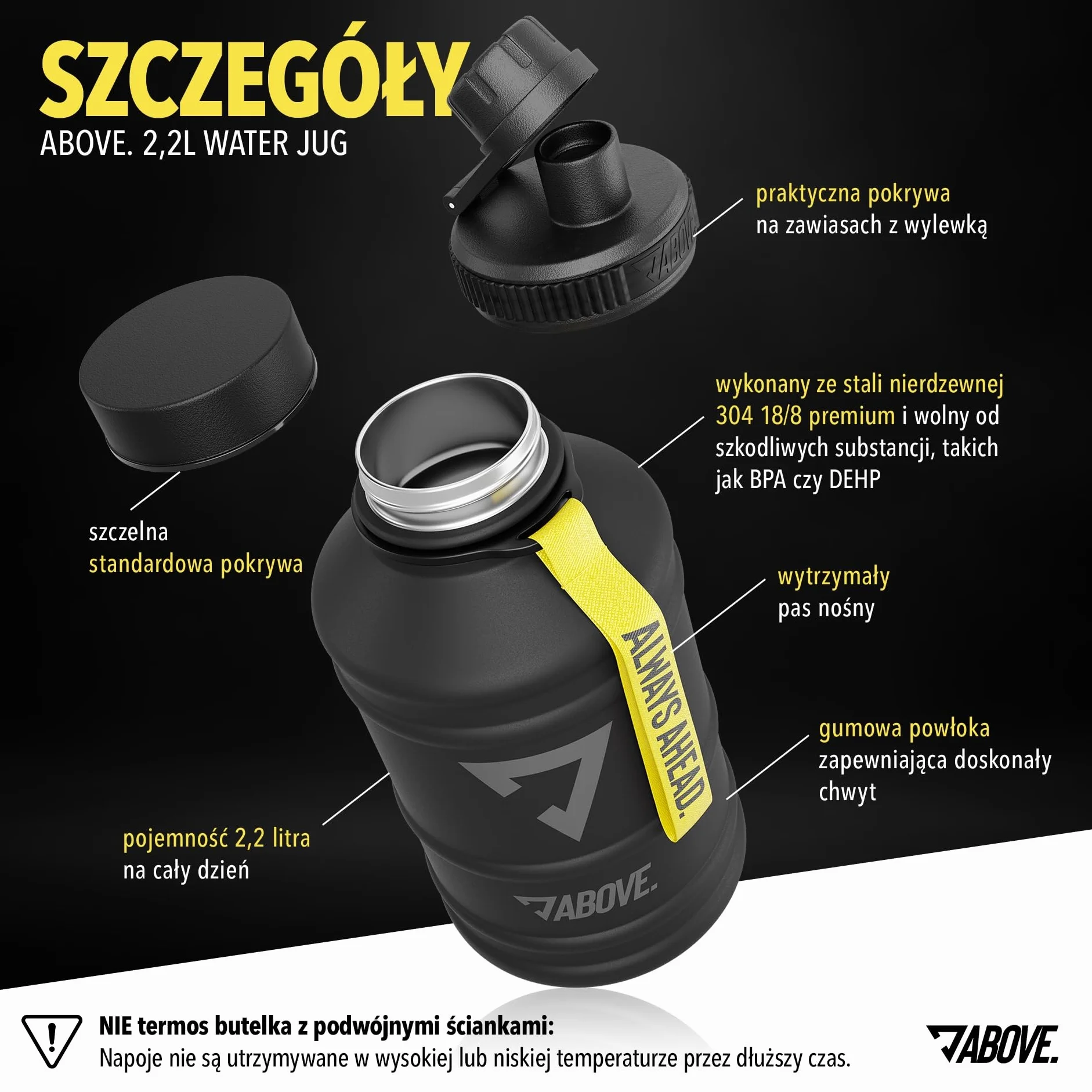 Butelka do picia ze stali nierdzewnej 2.2L Czarny szczelna do sportu i camping
