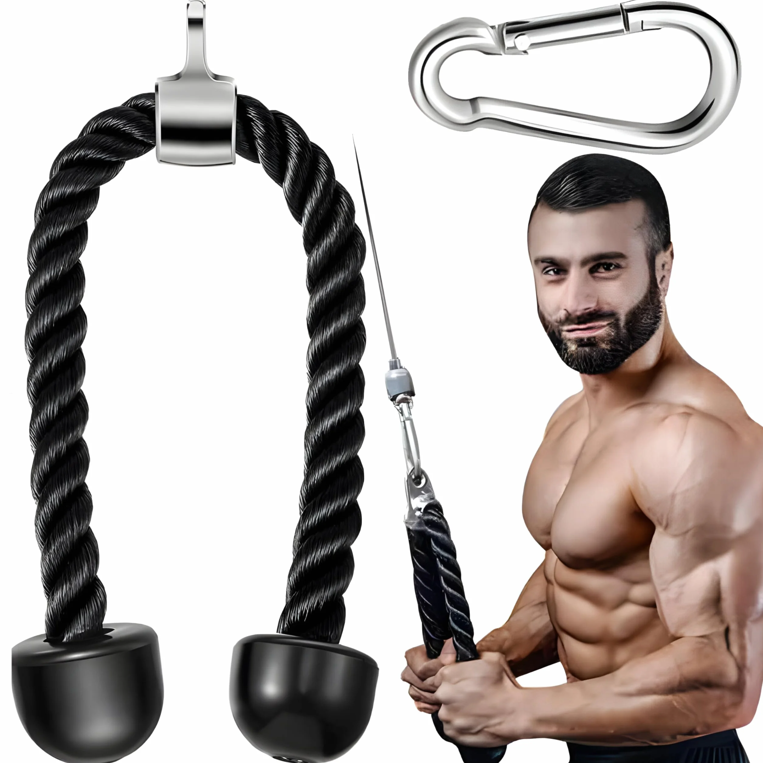 Retoo Nylonowa lina tricepsowa skręcona lina do ściągania z antypoślizgowymi uchwytami do bicepsów, tricepsów, na siłownię lub do domu, czarna