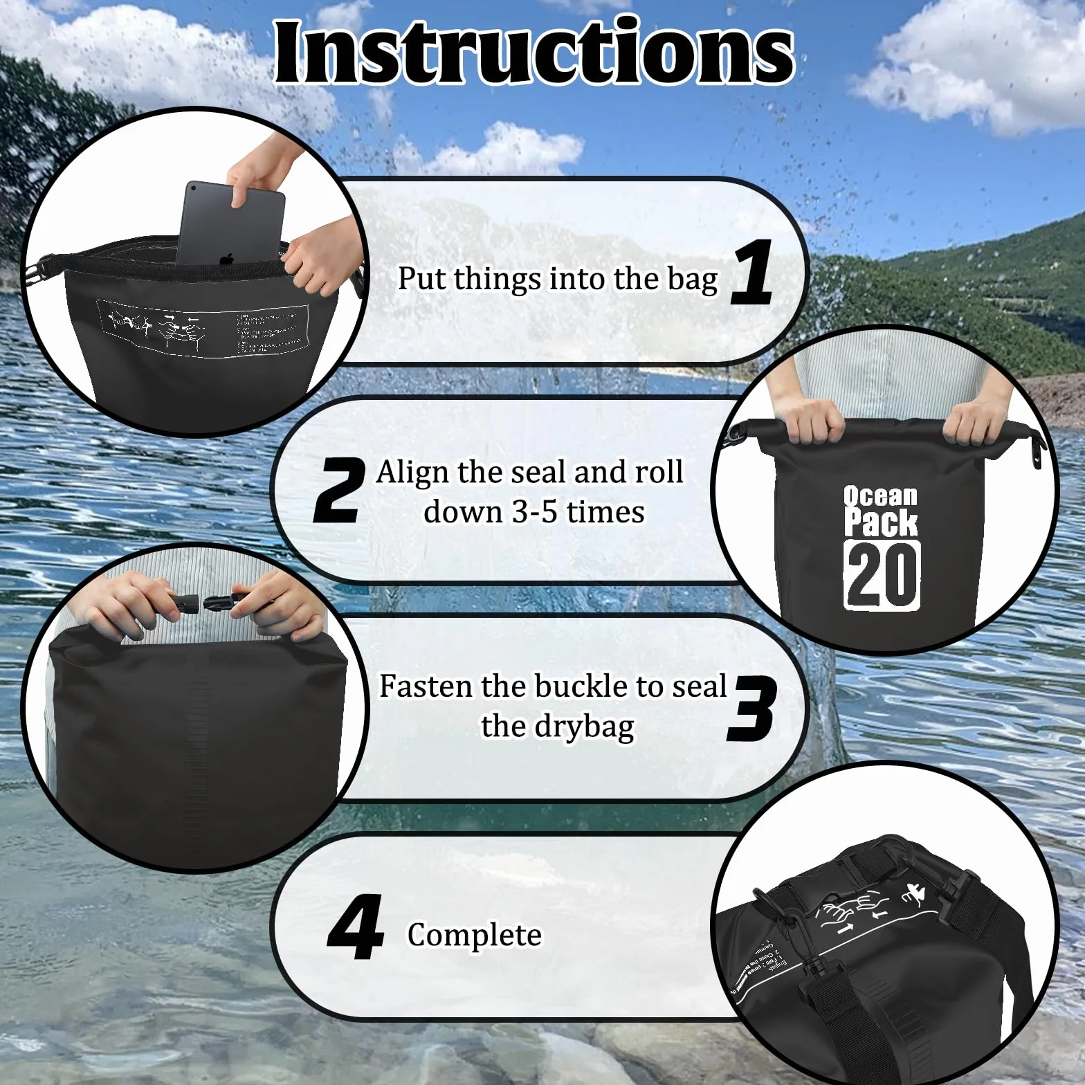 Gucass Dry Bag, 20 L Worek wodoszczelny Wodoszczelna torba regulowanym pasek na ramię, na Telefon Komórkowy, Regulowany Pasek na Ramię, na kemping, rafting, pływanie, surfowanie, Czarny