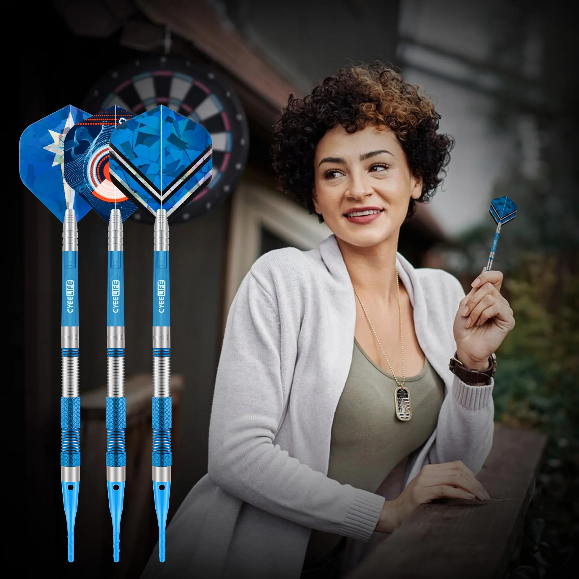 Zestaw rzutek do darta CyeeLife z plastikowymi końcówkami 90% wolframu 3 sztuki 90% wolframu soft darts, profesjonalny zestaw do darta z piórkami, nasadkami i końcówkami (niebieski)