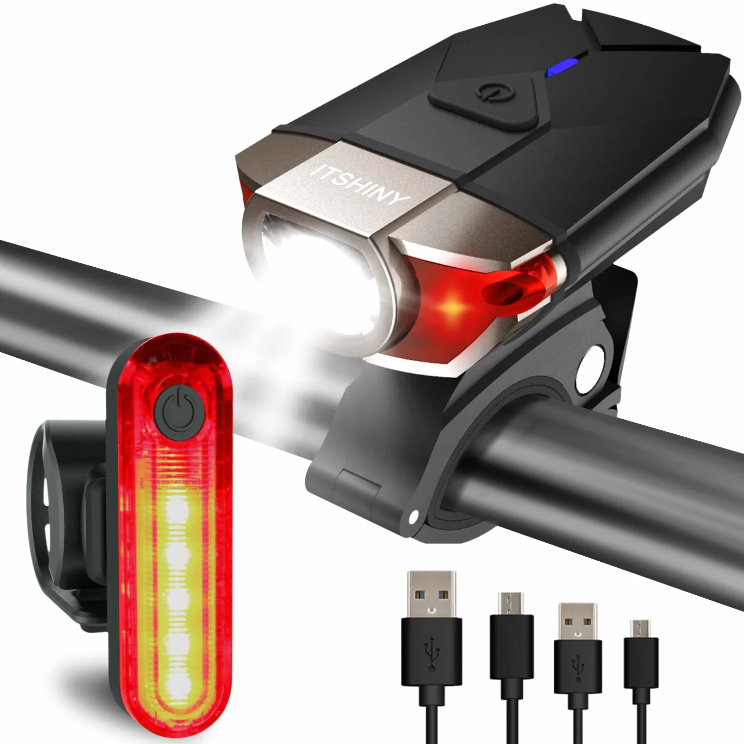 ITSHINY Światło rowerowe, światła rowerowe USB, zestaw do wielokrotnego ładowania, LED, przednie światło rowerowe i tylne światło, kombinacje reflektorów tylnych, wodoodporne, super jasne