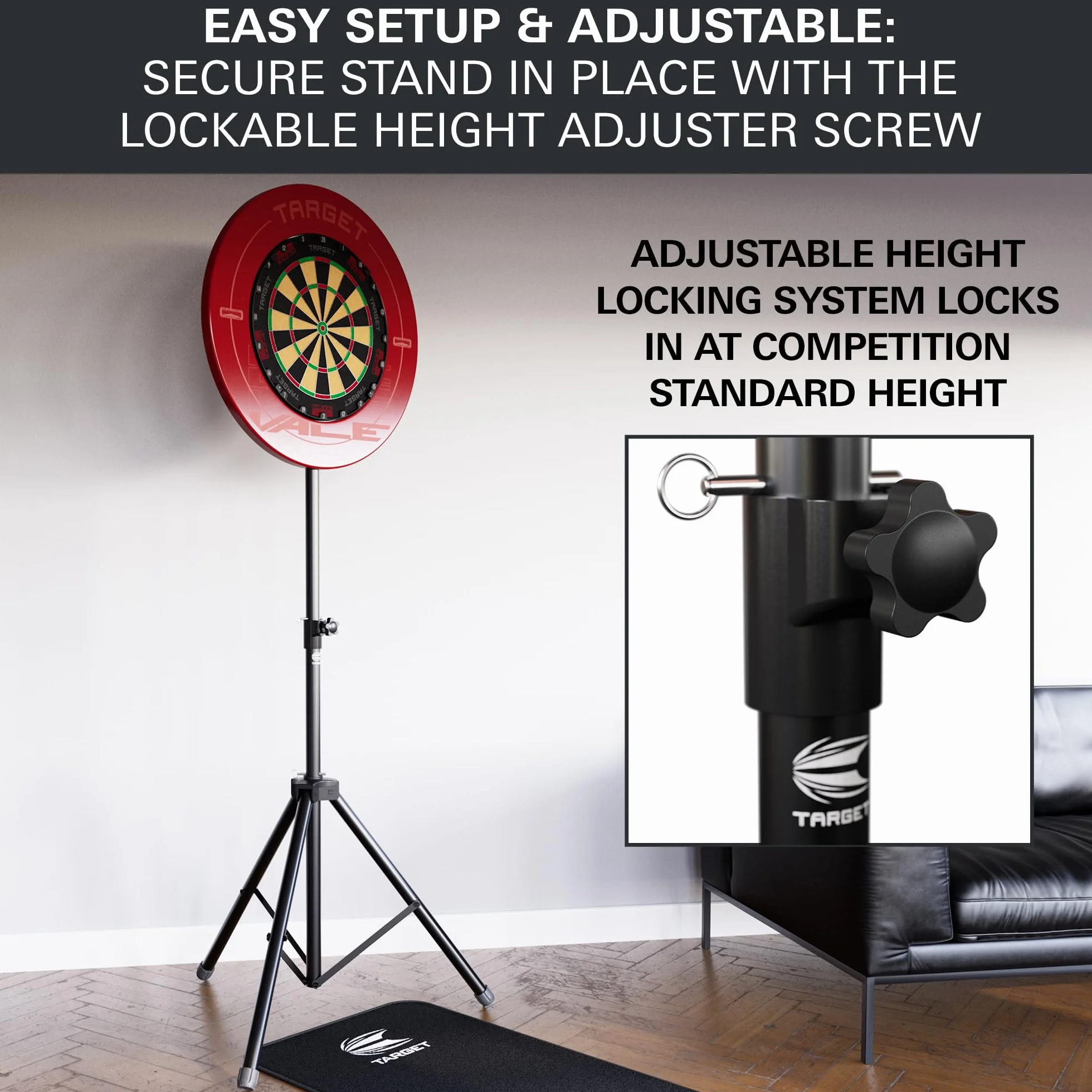 TARGET DARTS Portable Dartboard Stand | Mobilne stojaki na rzutki na trójnogu, system wolnostojący z mocowaniem do tablicy, do wnętrz i na zewnątrz, składany stojak podróżny do rzutek stalowych