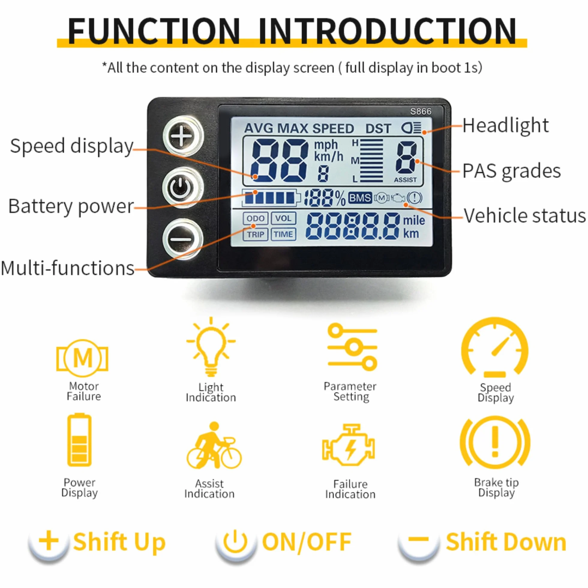 Miernik z Wyświetlaczem LCD do Roweru Elektrycznego S866, 6-pinowy 24 V 36 V 48 V 60 V E Bike Wodoodporny Wyświetlacz Panel Sterowania Miernikiem, Uniwersalny Ekran Panelu LCD do
