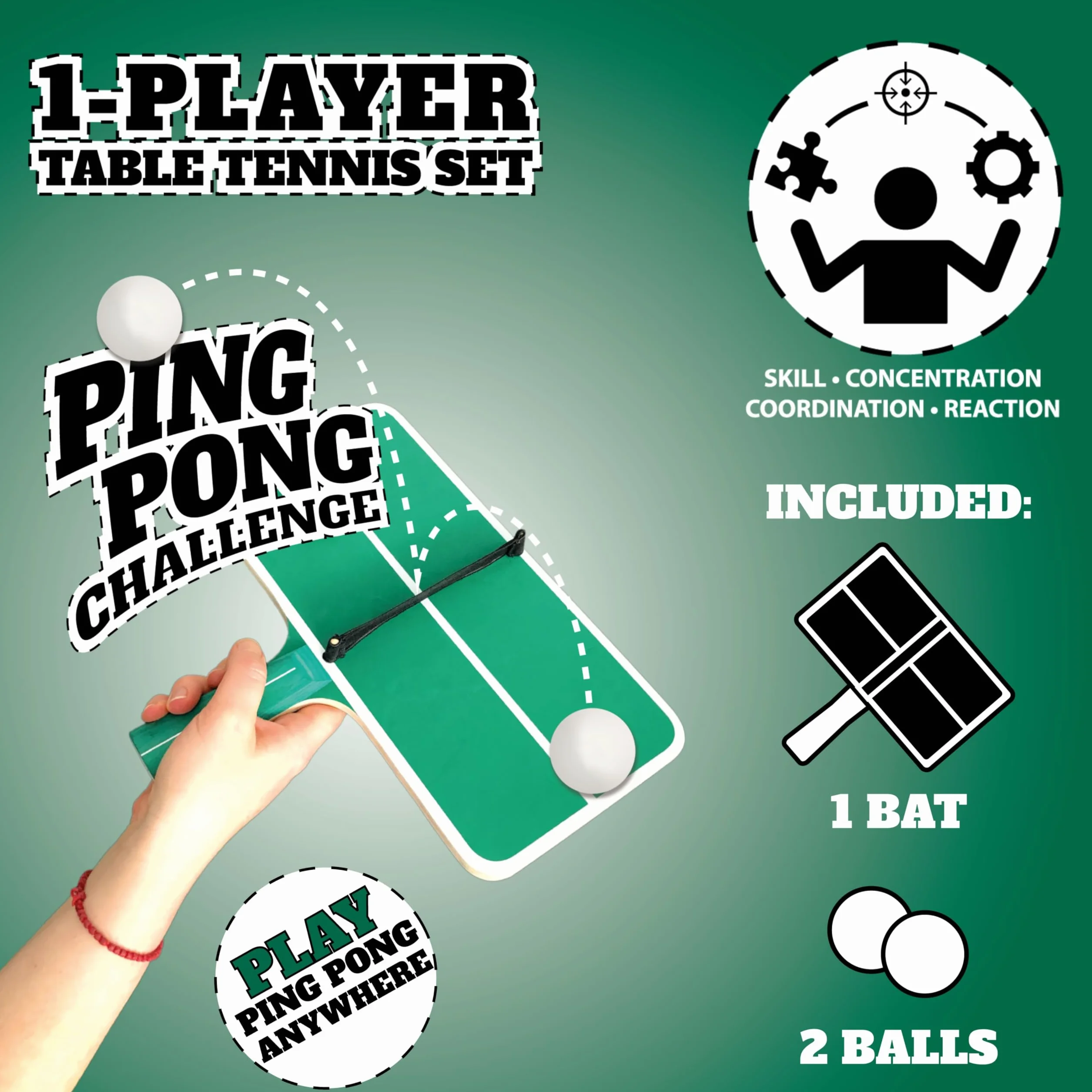 Schildkröt Ping Pong Challenge zestaw do tenisa stołowego, 1 rakieta w kształcie małego stołu do tenisa stołowego, z siatką, 2 piłki, gra zręcznościowa dla dużych i małych, 788459