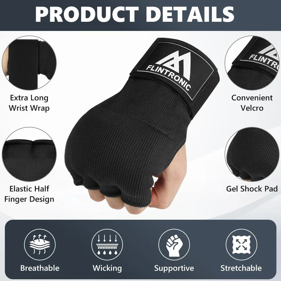 flintronic Żelowe rękawice bokserskie, wewnętrzne, 95 cm, szybkie długie paski na nadgarstek, elastyczne, wyściełane, do MMA, muay thai, kickboxingu, treningu sztuk walki, sportów walki