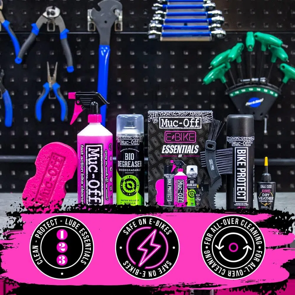 Muc-Off eBike Essentials Kit – Zestaw do Czyszczenia Roweru Elektrycznego – Zestaw Rowerowy Zawiera Środki do Czyszczenia Roweru Elektrycznego i Ochronny Środek Antykorozyjny Bike Protect