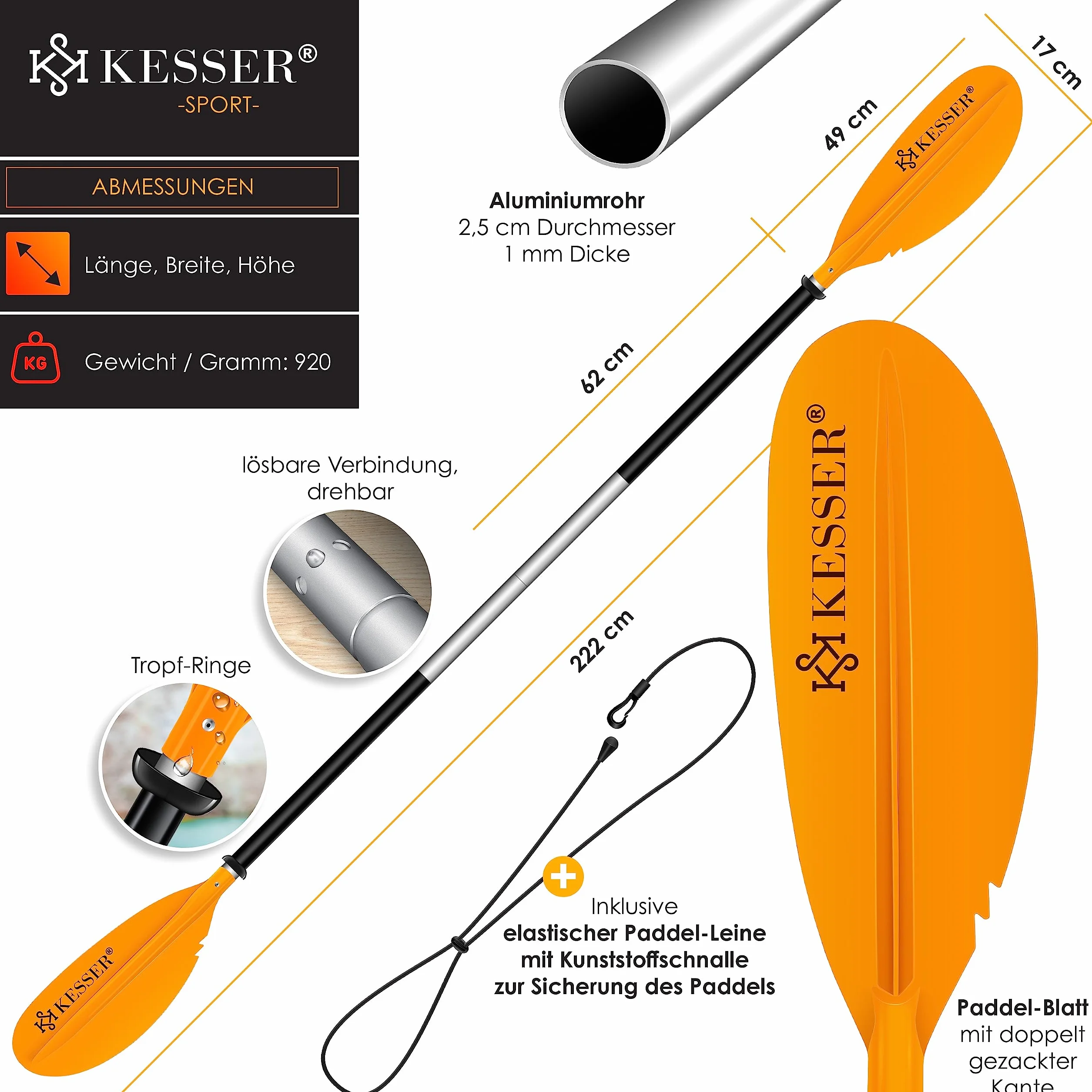 KESSER® Podwójne wiosło – 4-częściowe do kajaka, SUP, SUP, 228 cm, aluminium, super lekkie, do pontonów, kajaków, surfingu, łodzi