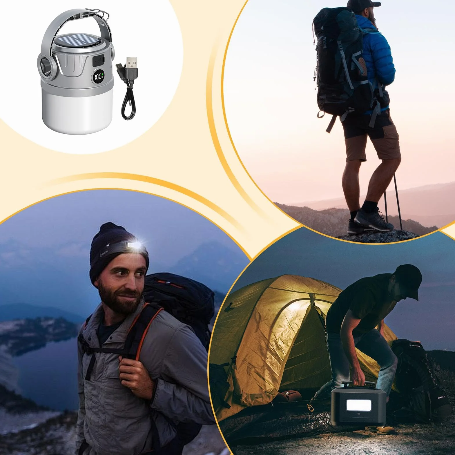 Lampa solarna na kemping | Latarnia kempingowa LED z możliwością ponownego ładowania, z USB, przenośna lampa outdoorowa z cyfrowym wyświetlaczem, na wędrówki, wędkowanie i kemping