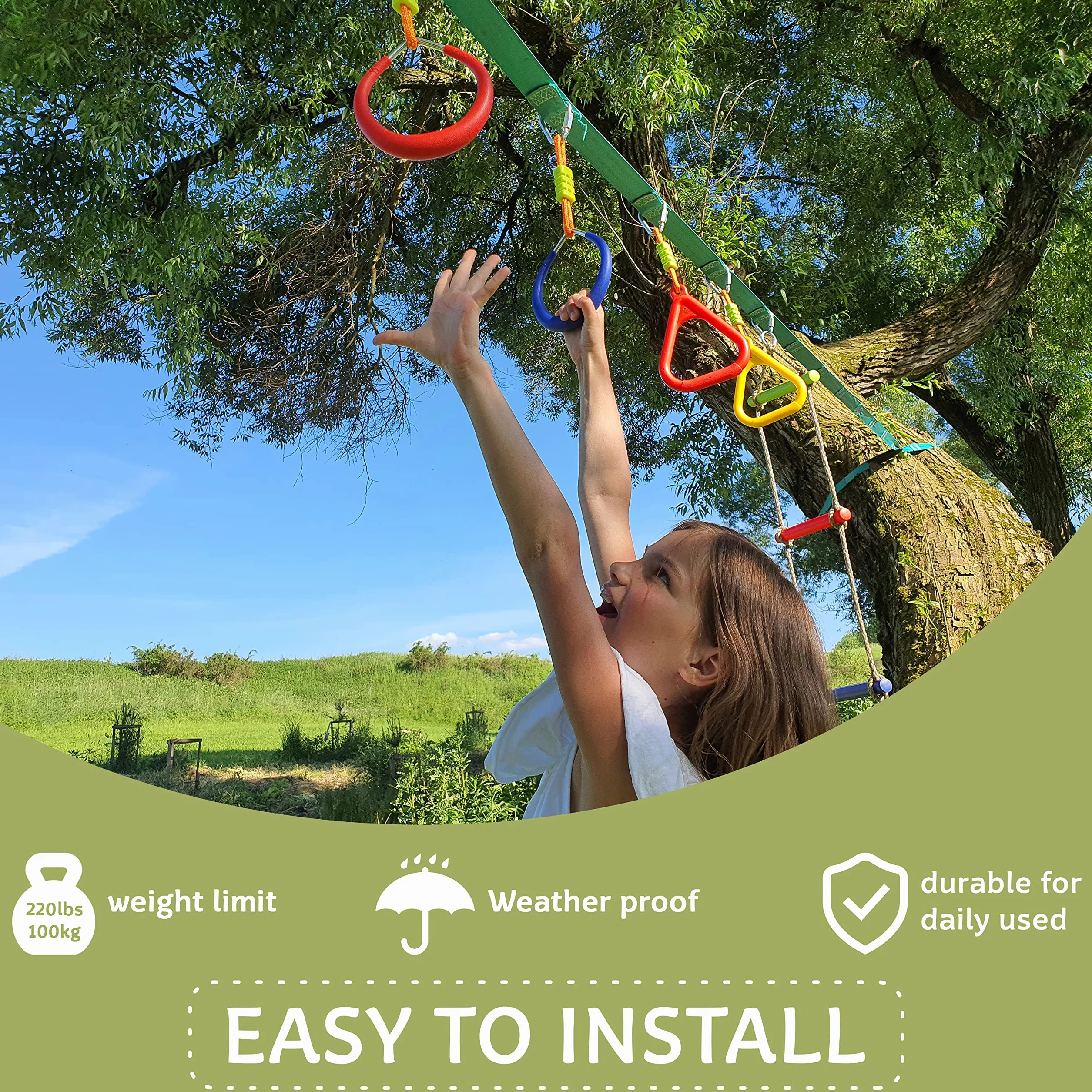 Cateam Ninja Slackline akcesoria - wielokolorowe pierścienie gimnastyczne zestaw 2-częściowy z karabińczykami - pierścienie do drążków wspinaczkowych do jazdy na podwórku