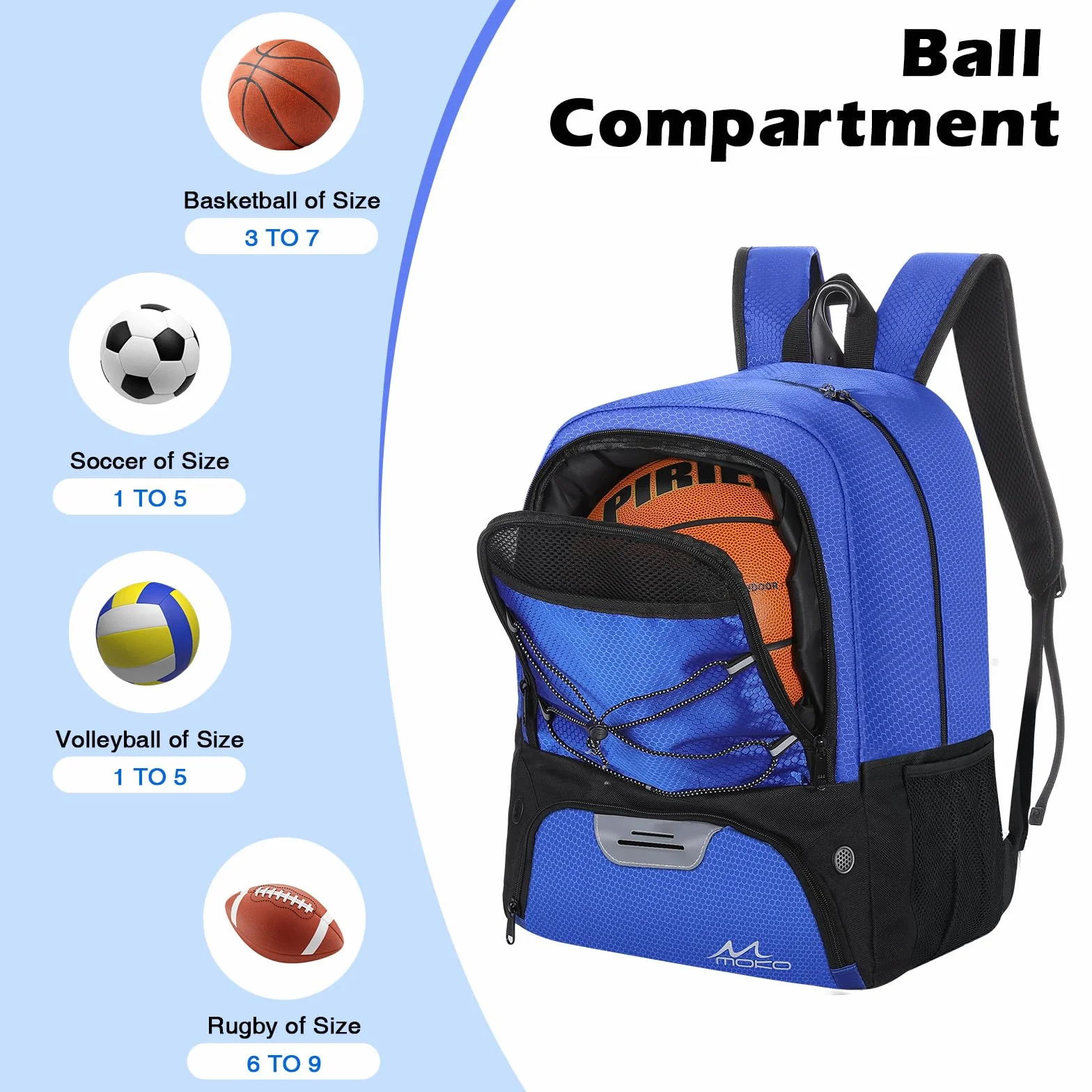 MoKo Basketball Bag Backpack, Soccer Backpack for Men & Women with Separate Ball and Shoes Compartments, Water-Resistant, Fence Hook, Sports Bag for Clothes, Shoes, Tablets, Laptops, Blue