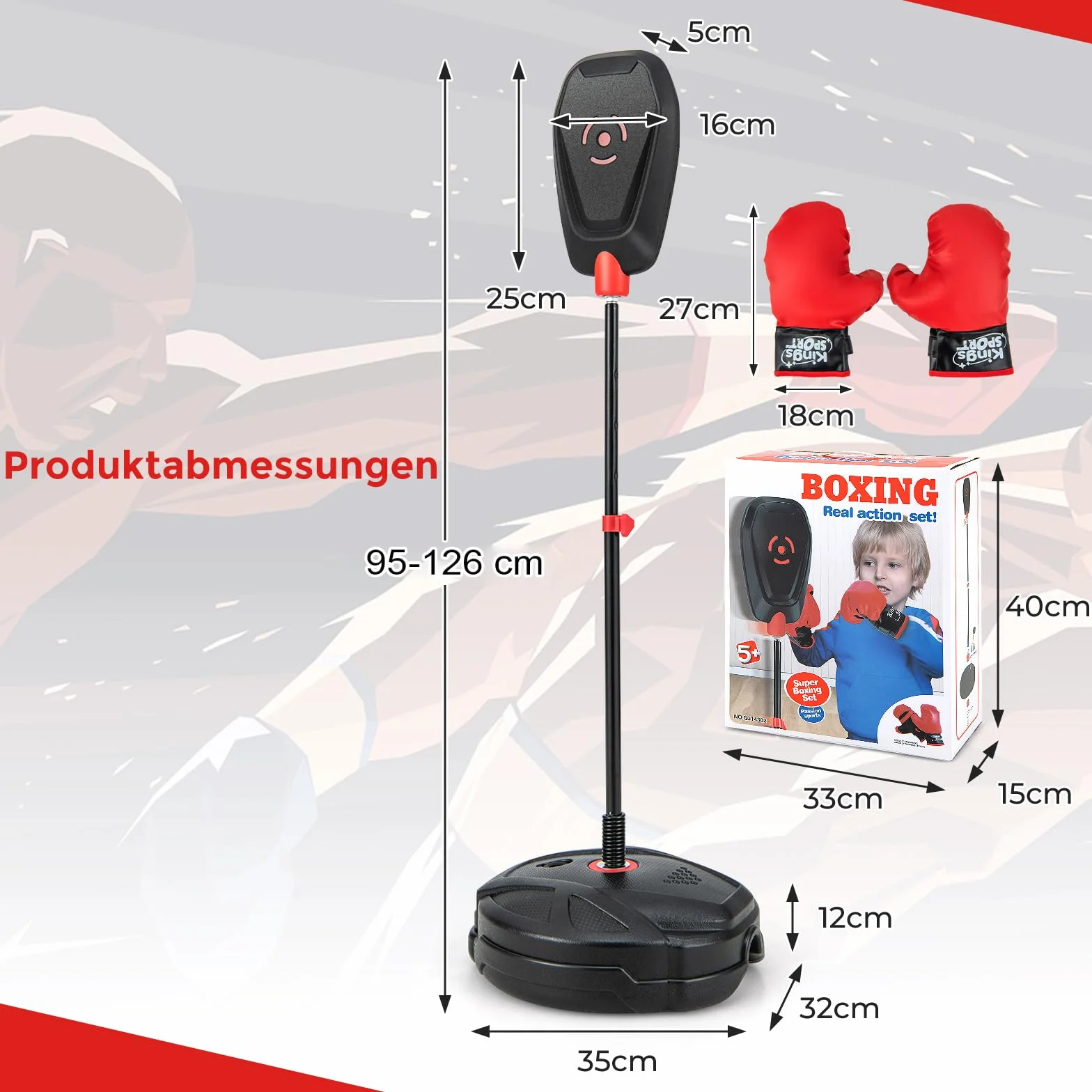 COSTWAY Stojący worek bokserski dla dzieci, trening bokserski 95-126 cm, z regulacją wysokości, zestaw zawiera rękawice bokserskie, boks Speedball dla chłopców i dziewczynek od 5 lat