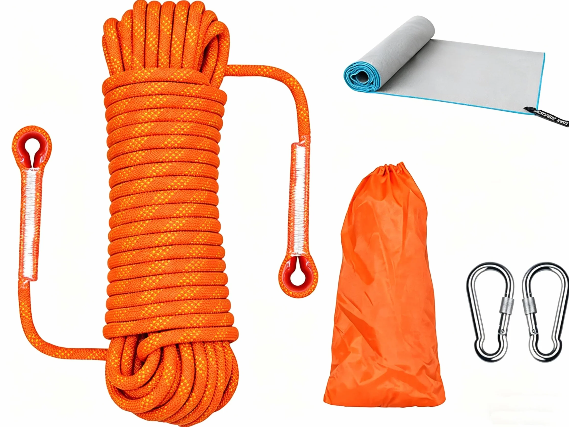 Lina wspinaczkowa 10,5 mm z dwoma metalowymi karabińczykami – certyfikowana UIAA/CE – 1200 kg, nylon – do alpinizmu, ratownictwa, asekuracji (10 m,pomarańczowy)