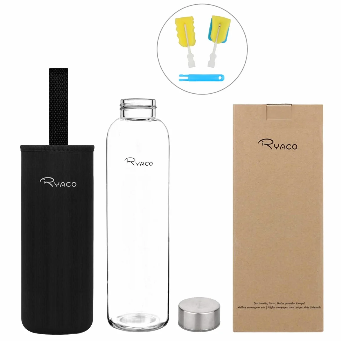 RYACO Butelka na wodę ze szkła borokrzemowego, 1000 ml, bez BPA, szczelna, do szkoły, domu, biura, podróży, sportu, jogi, siłowni, gorących/zimnych napojów, z neoprenowym rękawem i szczotką z gąbki