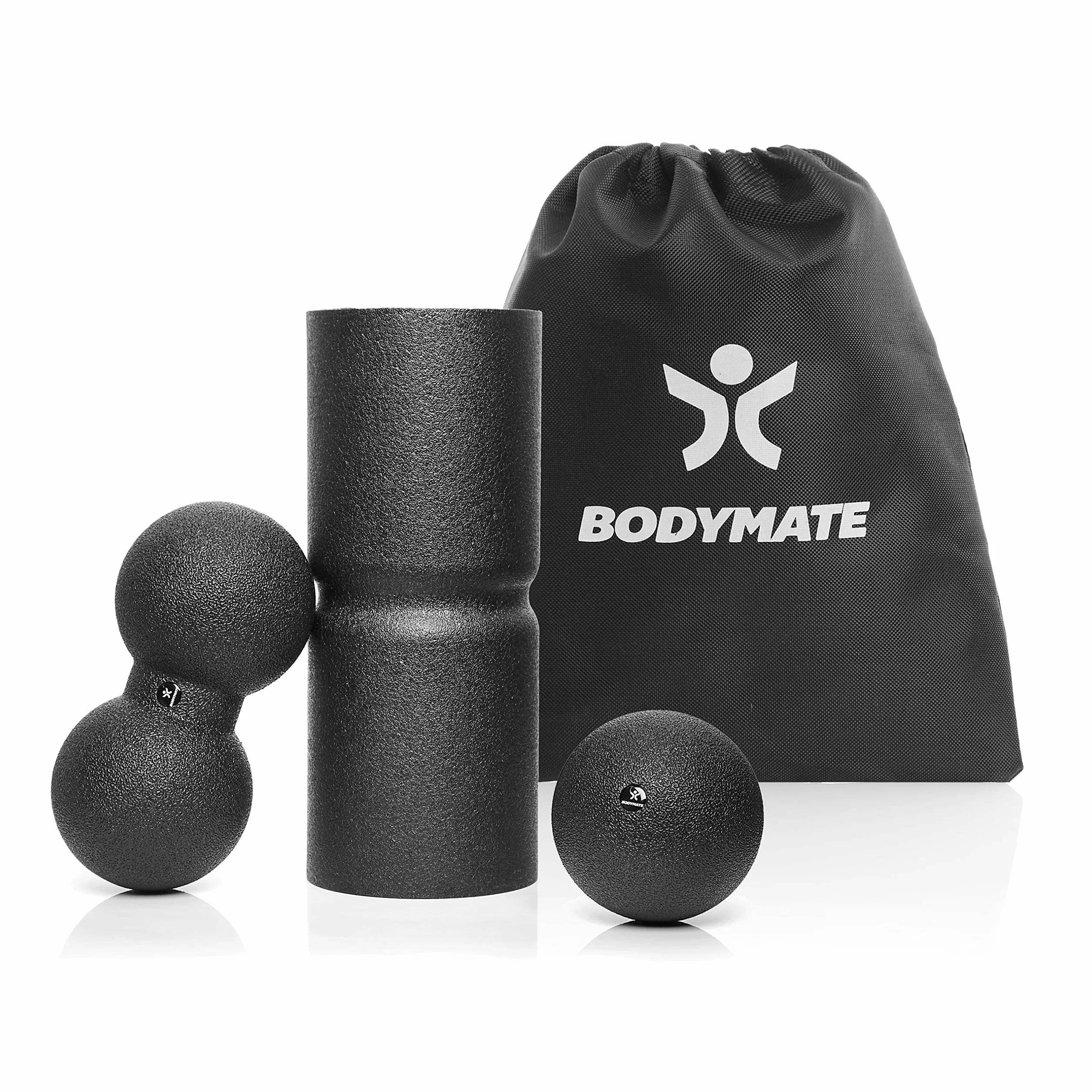 BODYMATE – zestaw do powięzi Care: wałek powięziowy Care 35 x 14 cm średniotwardy z rowkiem dla odciążenia kręgosłupa, piłka pojedyncza 12 cm i piłka podwójna 12 x 24 cm, kolor czarny + e-book