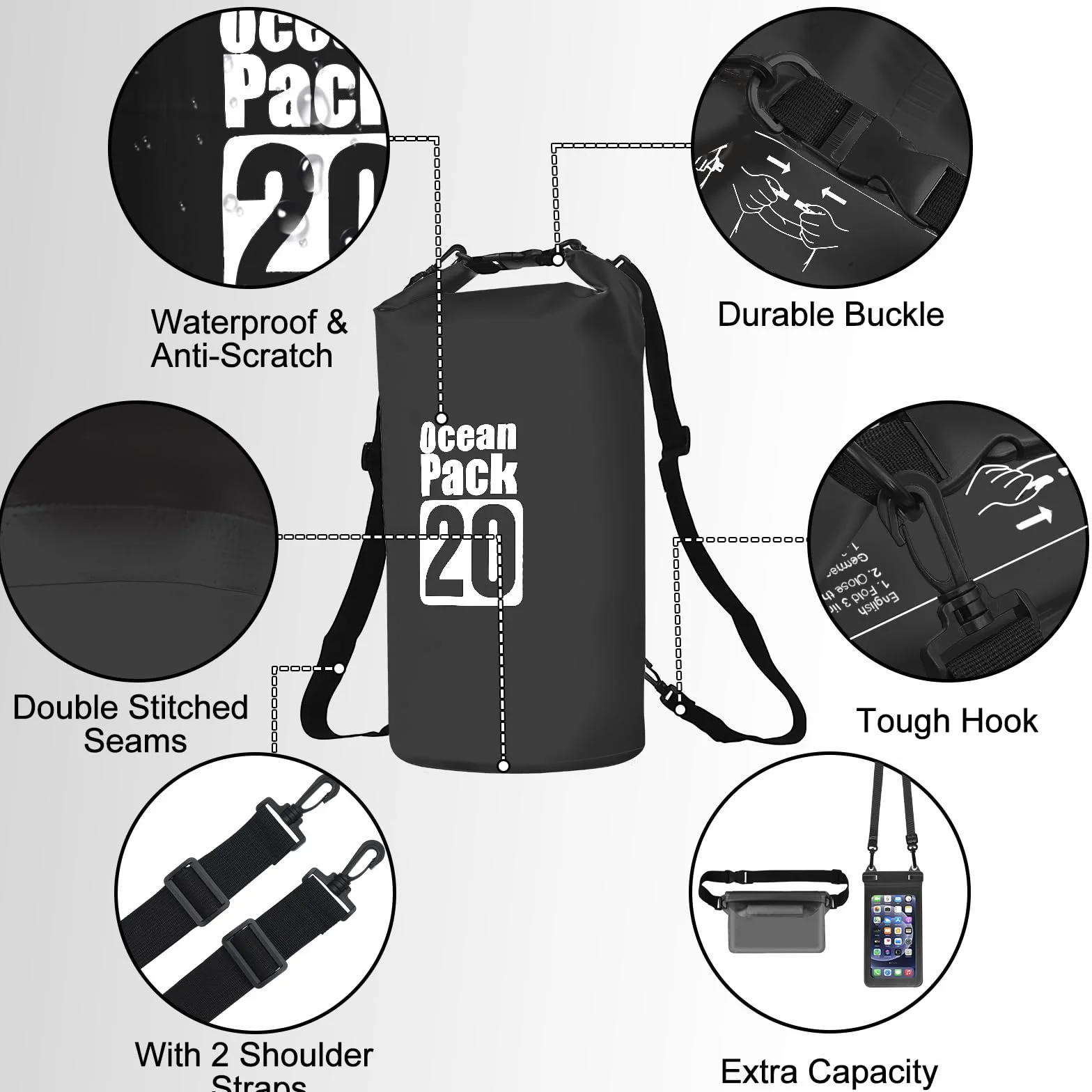 Gucass Dry Bag, 20 L Worek wodoszczelny Wodoszczelna torba regulowanym pasek na ramię, na Telefon Komórkowy, Regulowany Pasek na Ramię, na kemping, rafting, pływanie, surfowanie, Czarny