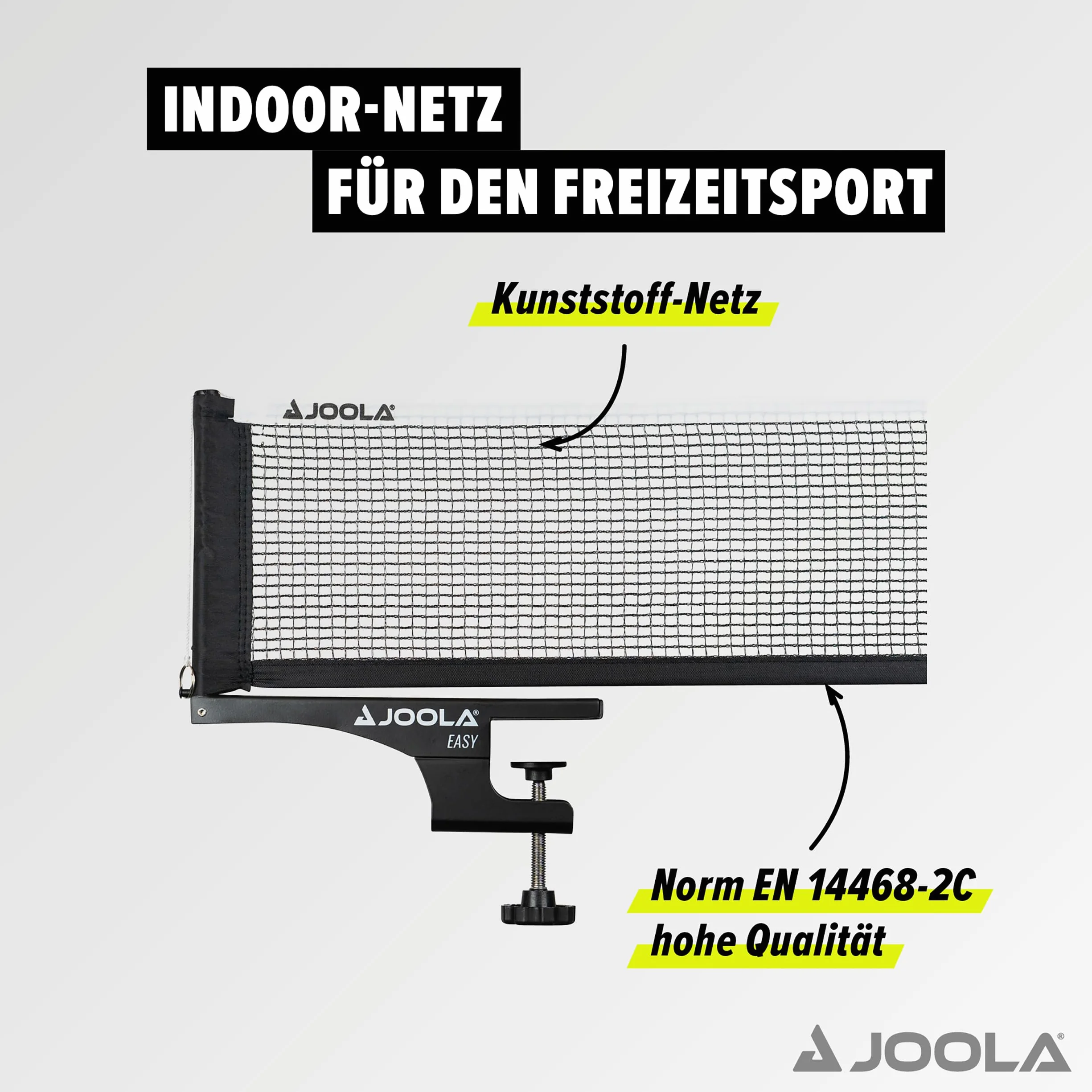 JOOLA 31008 Siatka do tenisa stołowego Easy Indoor komplet do sportów rekreacyjnych – napięcie sieciowe regulowane, kolor czarny, 183 cm x 15,25 cm