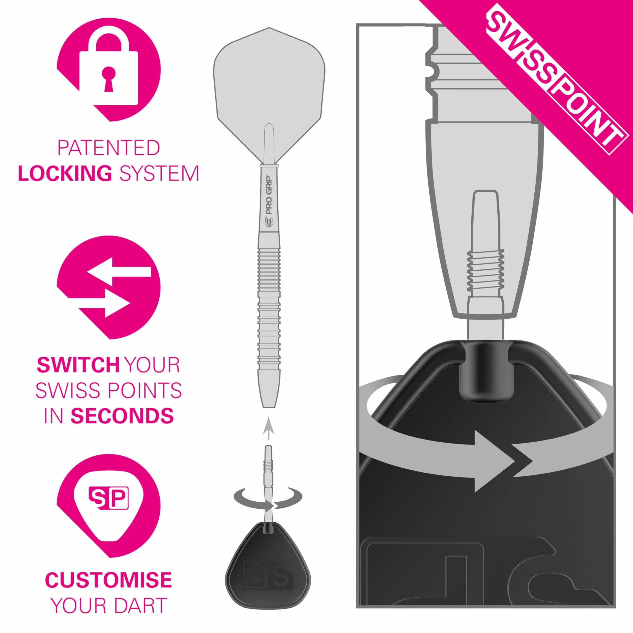 Target Darts Swiss Point Storm Dart Points, LNC (Zestaw 3 końcówek) 26MM/30MM/35MM - Złote/Srebrne/Czarne | Zmień rzutki, Swiss Storm Points, Profesjonalne akcesoria do rzutek