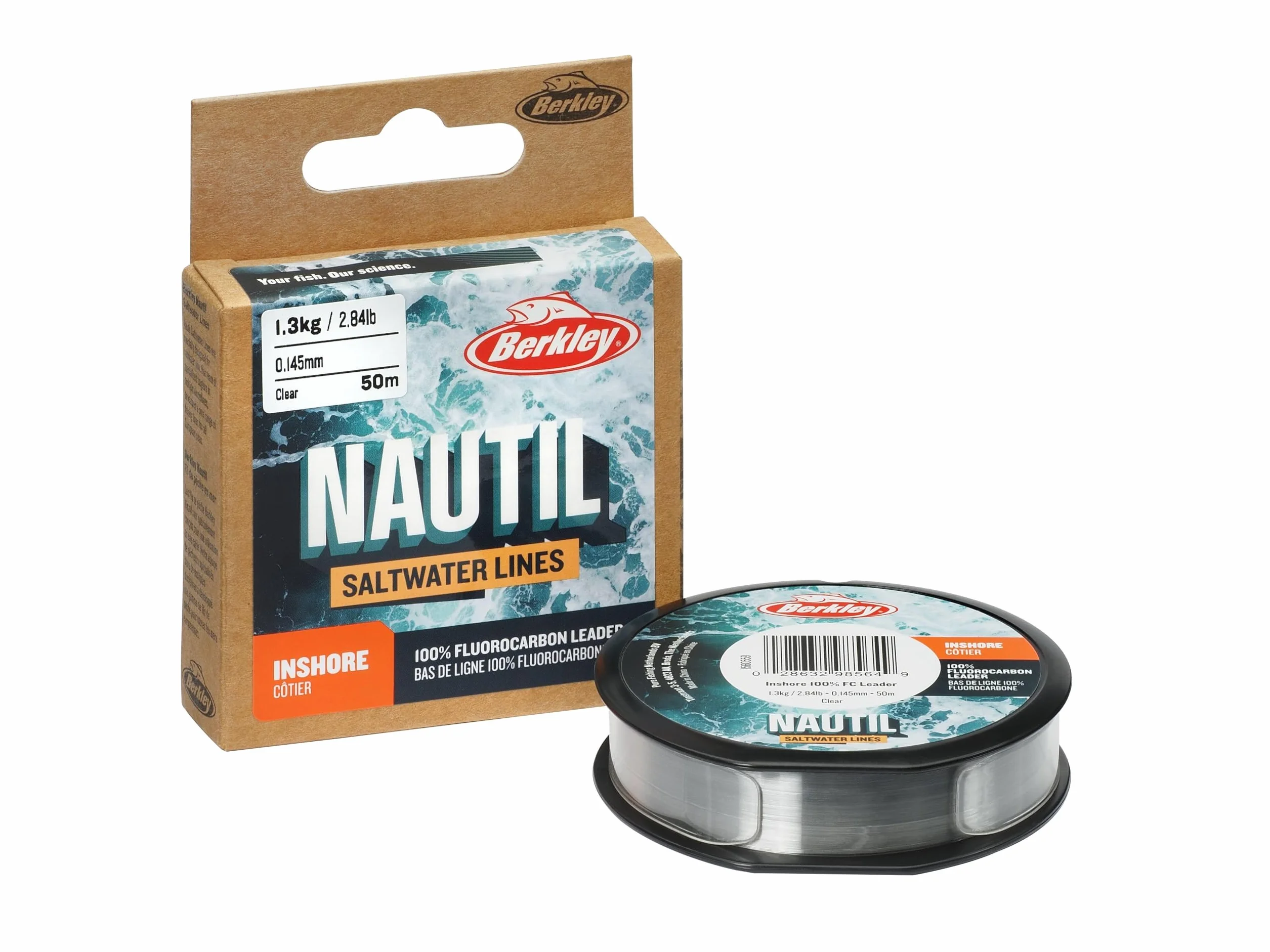 Berkley Nautil Inshore Fluorocarbon | Wytrzymały i odporny na ścieranie przypon wędkarski | Linka fluorocarbonowa do wody słonej i słodkiej z łatwą w użyciu szpulą | 0,22 mm | 3,5 kg | 50 m