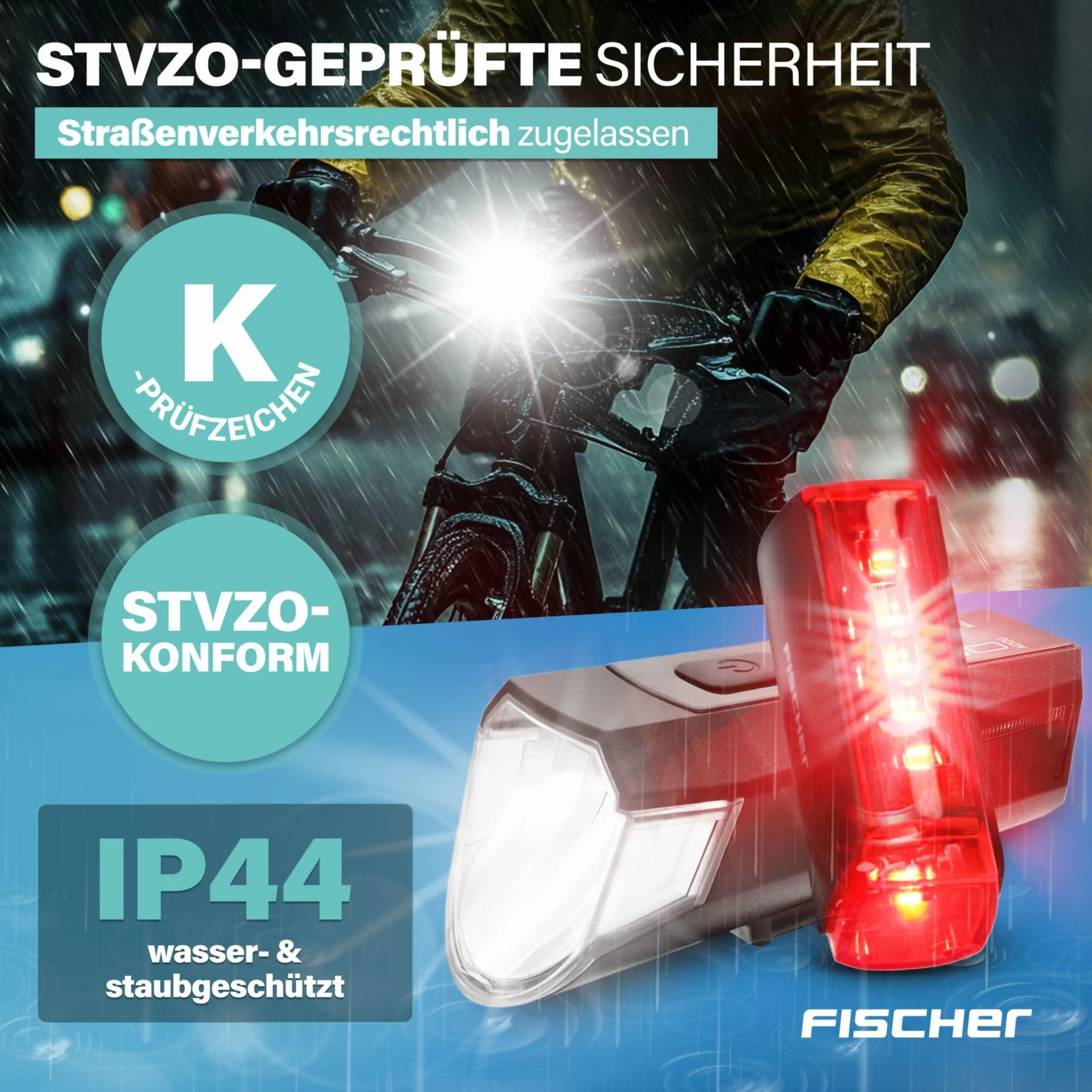 Fischer Twin zestaw świateł rowerowych, oświetlenie podłogowe 360°, lampa rowerowa LED 80 luksów, akumulator ładowany przez USB C, montaż bez użycia narzędzi z przodu i z tyłu