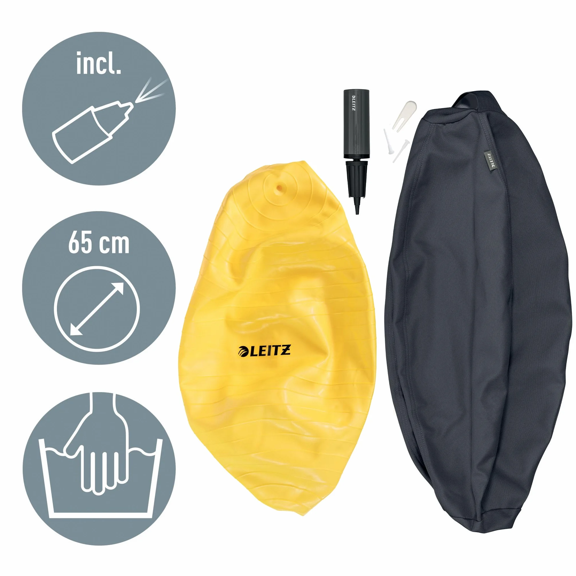 Leitz, Ergonomiczna Piłka do Aktywnego Siedzenia Leitz Ergo Cosy, Średnica 65 cm, Poszewka w 100% z Tkaniny, Ręczna Pompka, 2 Zawory, Kolor Aksamitna szarość (52790089)