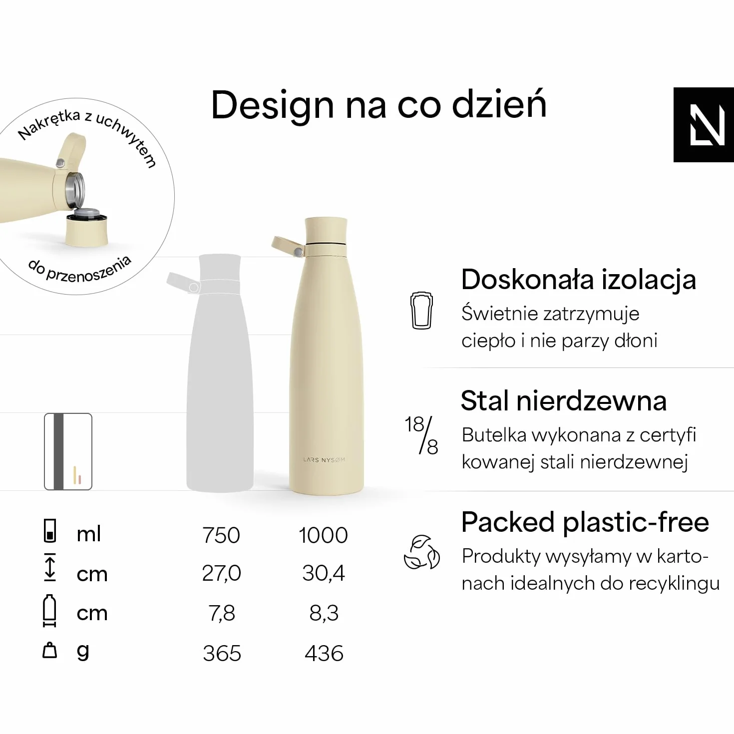 LARS NYSØM Butelka na napoje ze stali nierdzewnej 1000ml | Butelka izolacyjna 1 litr | Wodoodporna flaszka na wodę do sportu, roweru, psa (Stainless Steel, 1000ml)
