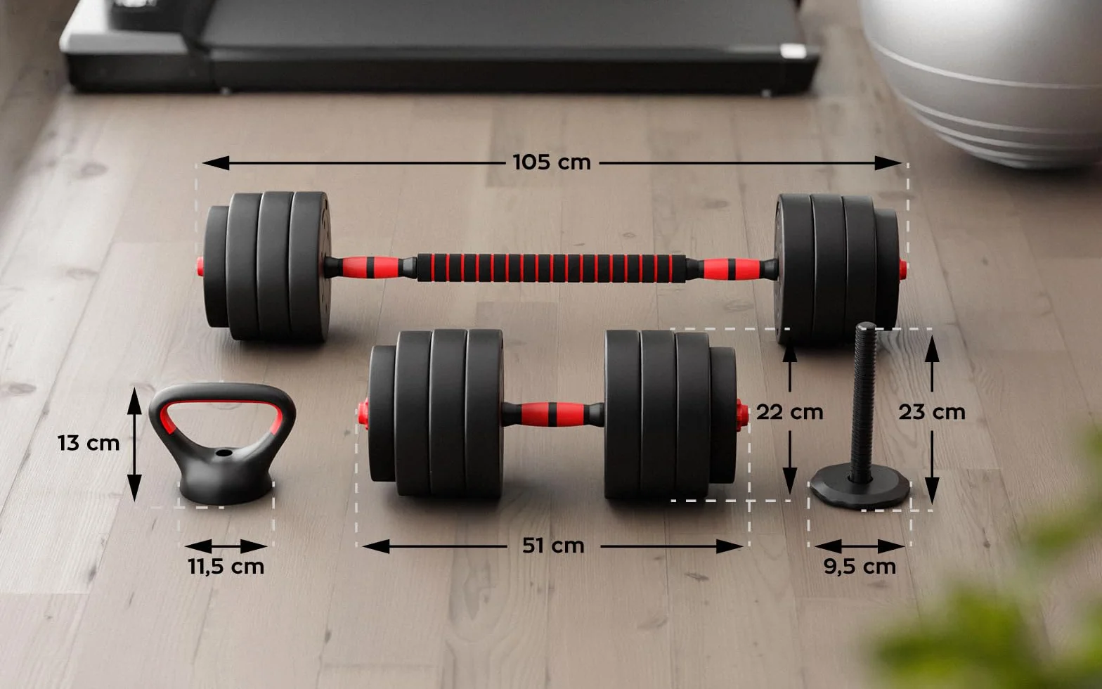 ATHLER Lion 45 | zestaw hantli 40 kg | zestaw hantli 4 w 1 | regulowana waga | 16 krążków do hantli 2 sztangi | krótkie hantle długie hantle kettlebell | do treningu siłowego, fitnessu, domu na