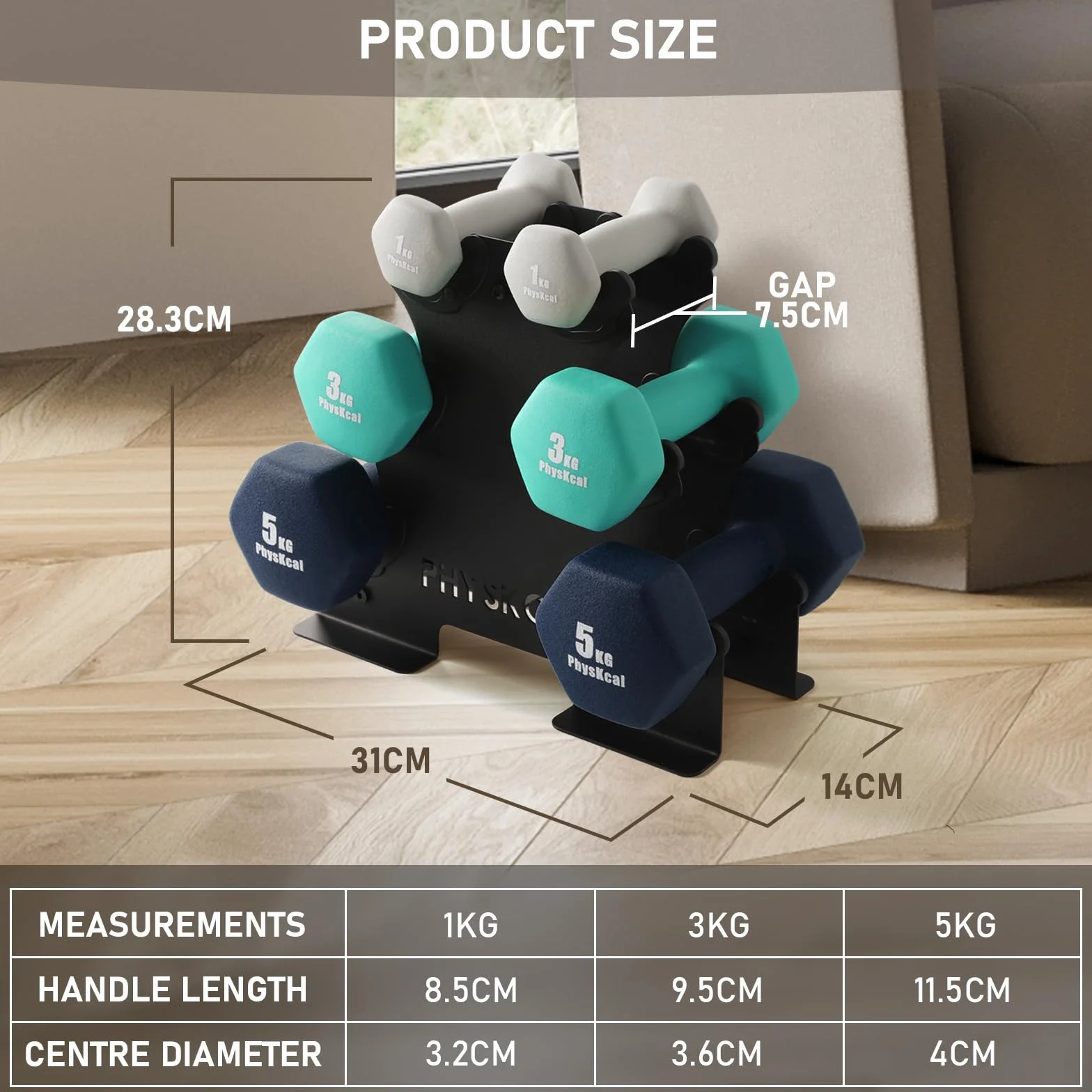 Zestaw krótkich hantli sześciokątnych ze stalowym stojakiem 2x1 kg 2x3 kg 2x5 kg neoprenowa