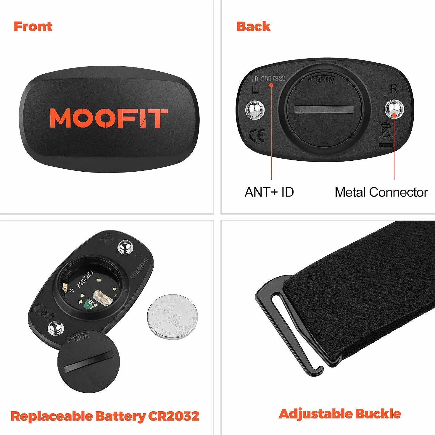 moofit ANT+ pulsometr, Bluetooth, HRM, pasek na klatkę piersiową, wodoodporny, kompatybilny z Zwift, Rouvy, Strava, DDP Yoga dla iOS, Android, bieżni..