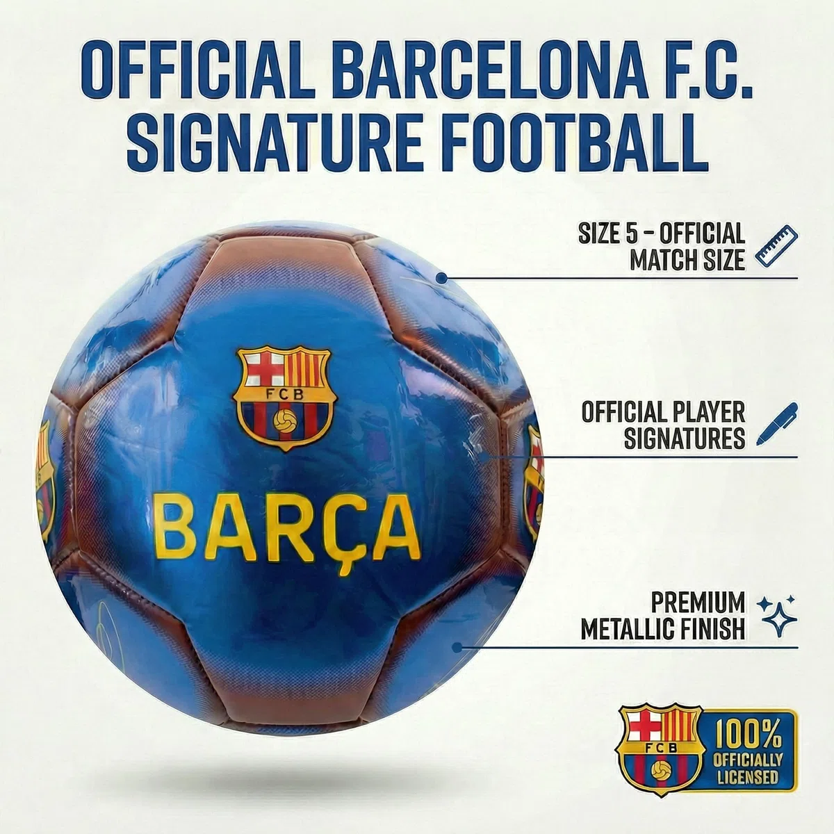 Hy-Pro Oficjalnie licencjonowana piłka nożna FC Barcelona Classic Signature, metaliczna, rozmiar 5, Barca, trening, mecz, towar, kolekcja dla dzieci i dorosłych, niebieski/czerwony