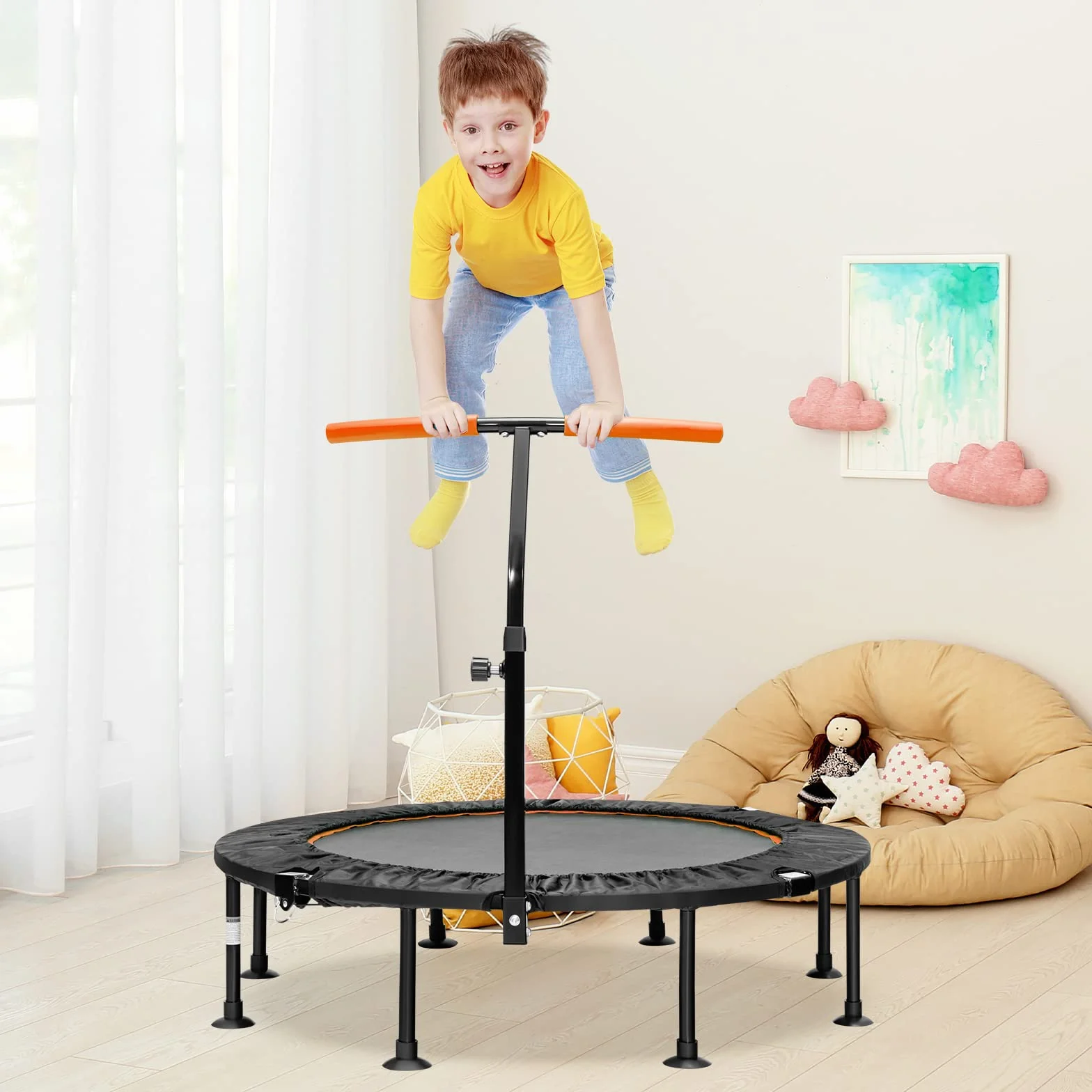 LIFEZEAL Mini składana trampolina o średnicy 110 cm, trampolina dziecięca z regulacją wysokości poręczy, fitness trampolina do treningu, maksymalna waga 100 kg