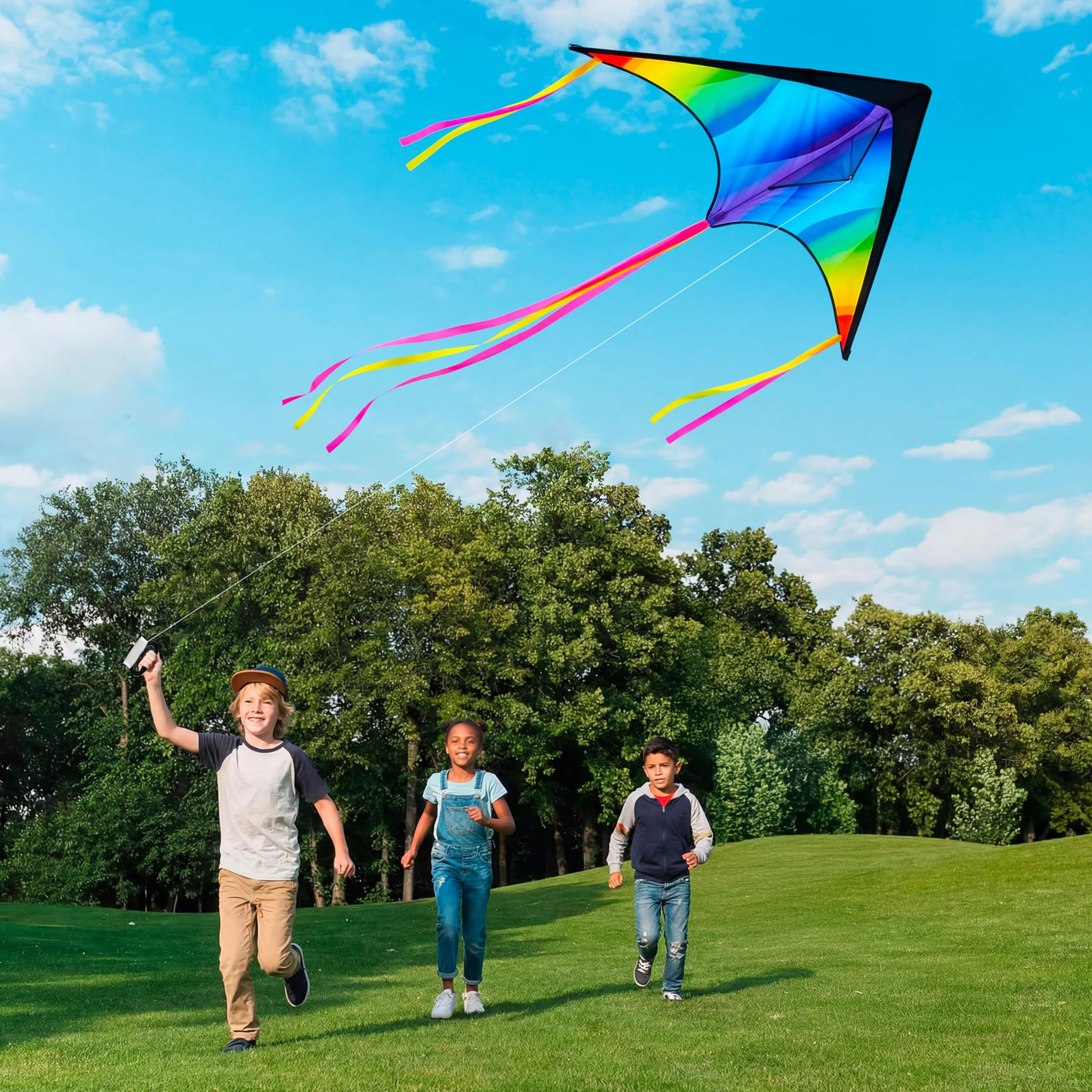 JOYIN Duży gradientowy latawiec Delta Rainbow, łatwy do latania, ogromny dla dzieci i dorosłych, ze sznurkiem o długości 100 m, duży latawiec plażowy Delta do gier i aktywności na świeżym powietrzu