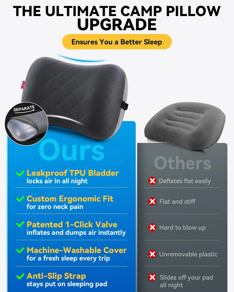 HIKENTURE nadmuchiwana poduszka kempingowa/podróżna ze zdejmowaną poszewką na poduszkę, ergonomiczna poduszka pod głowę, wygodna poduszka na kark do podróży / na zewnątrz (czarna)
