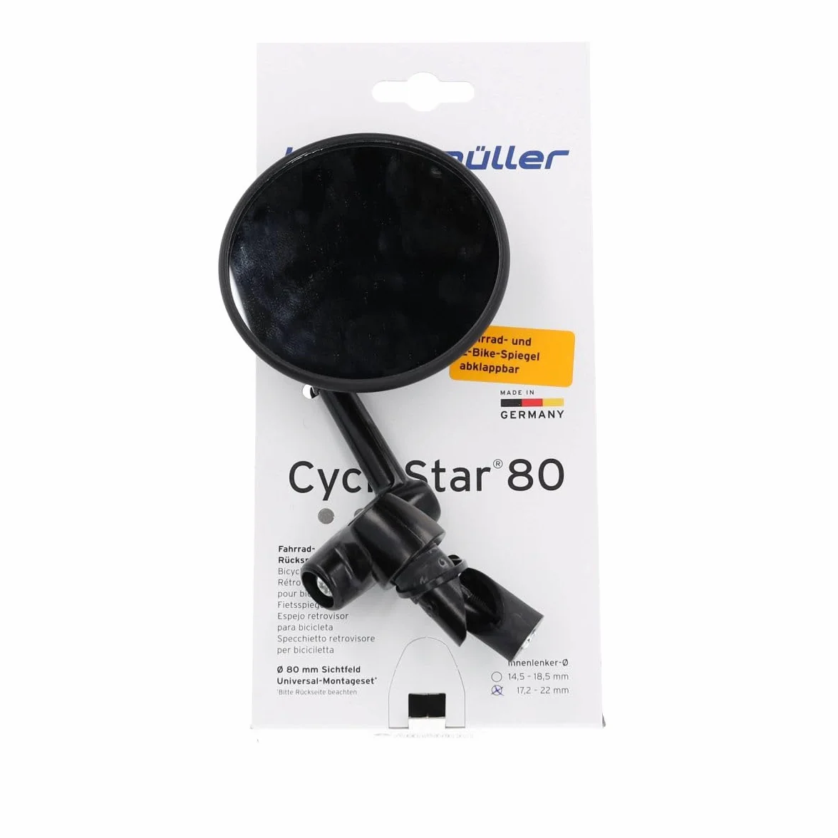 Busch & Müller Lusterko rowerowe Cycle Star Ø 80 mm wewnętrzna osłona kierownicy 17,2-22 mm, składane, 903/7