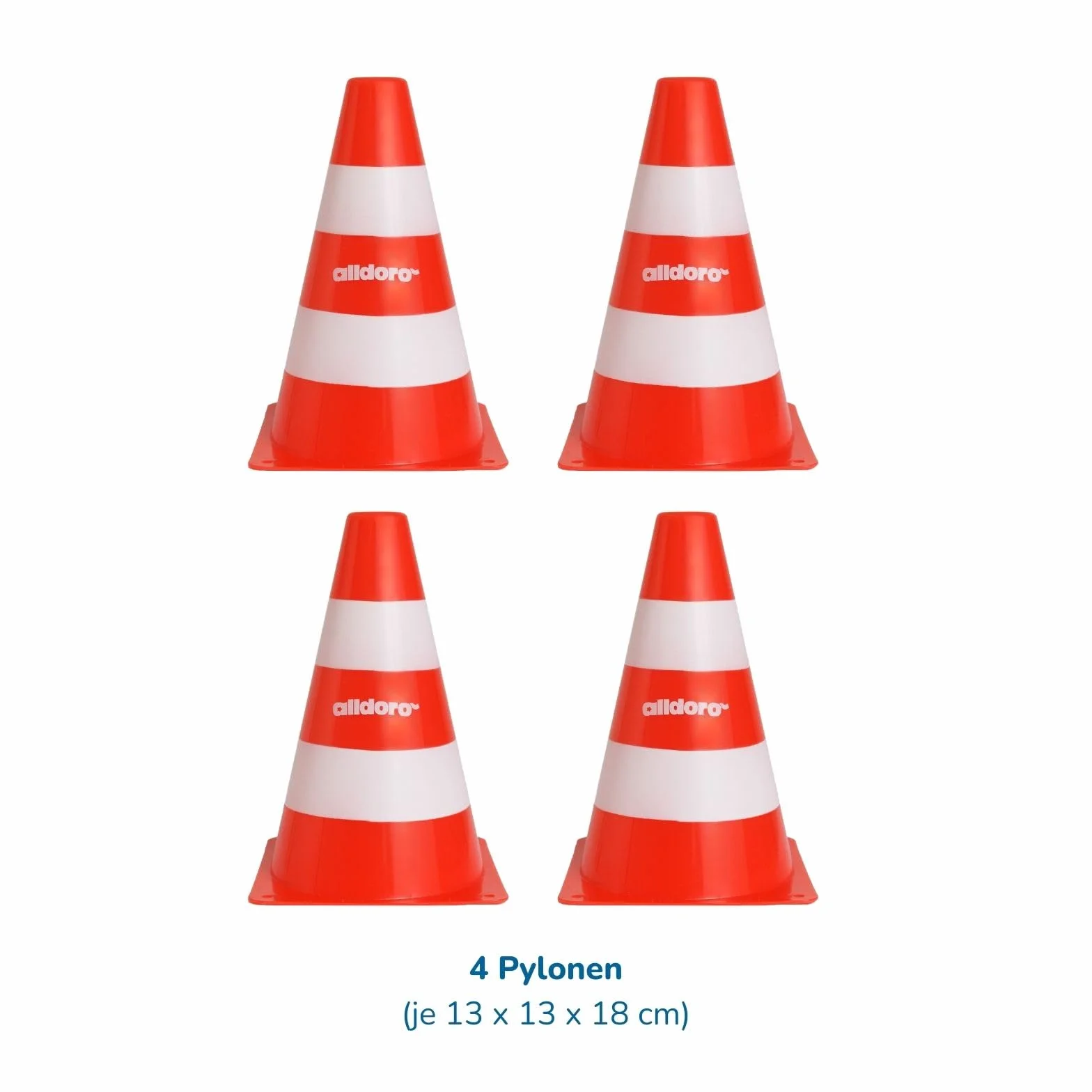 alldoro 60090 Zestaw 4 pylonów dla dzieci, czapeczki komunikacyjne pomarańczowo-białe, wysokość 18 cm, stożki prowadzące w stos do slalomu, do uprawiania sportu i spędzania wolnego czasu