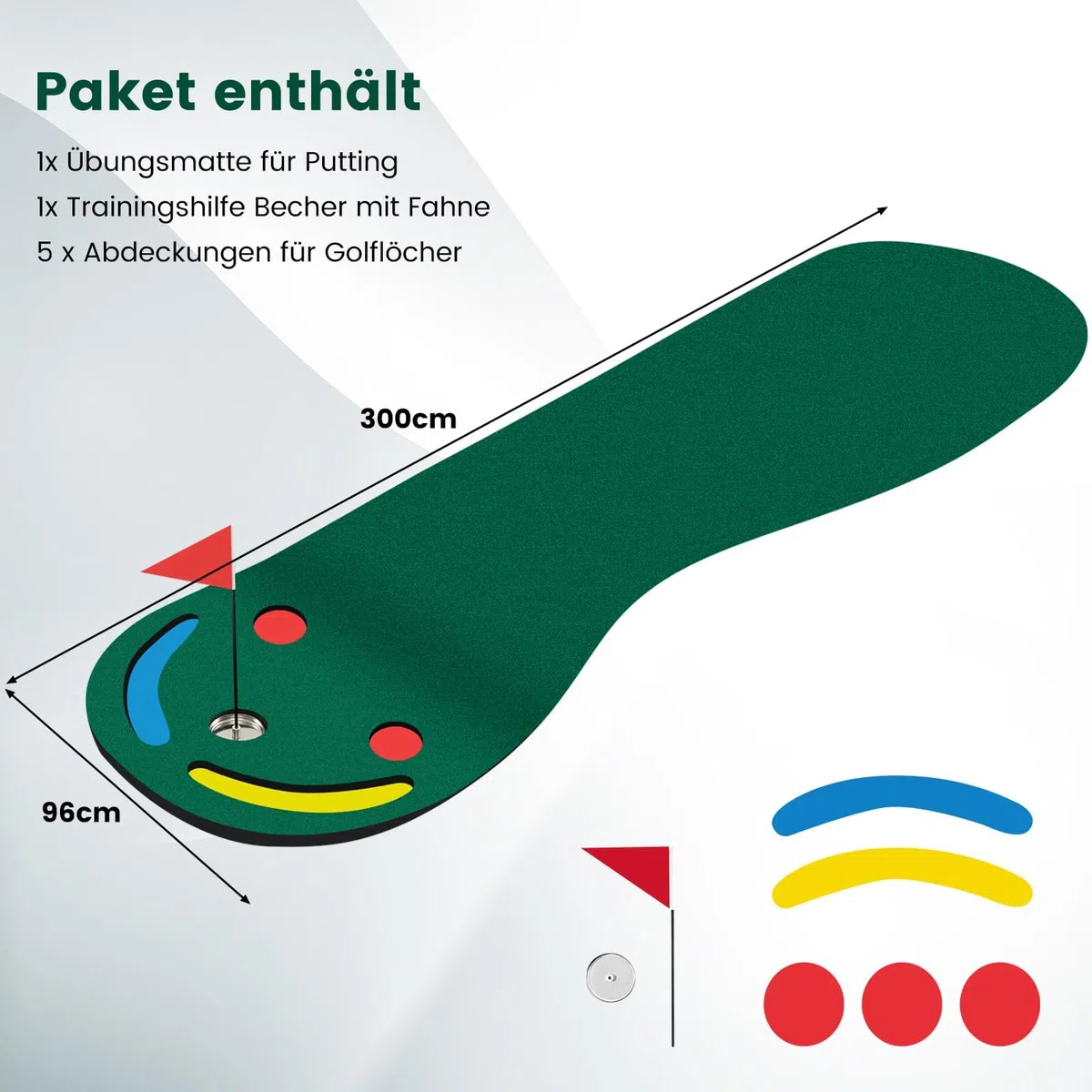 COSTWAY Mata do gry w golfa 300 x 96 cm, do użytku wewnątrz i na zewnątrz, składana mata golfowa z 3 miseczkami i 1 flagą, mata do ćwiczeń golfowych, mata treningowa do domu, biura