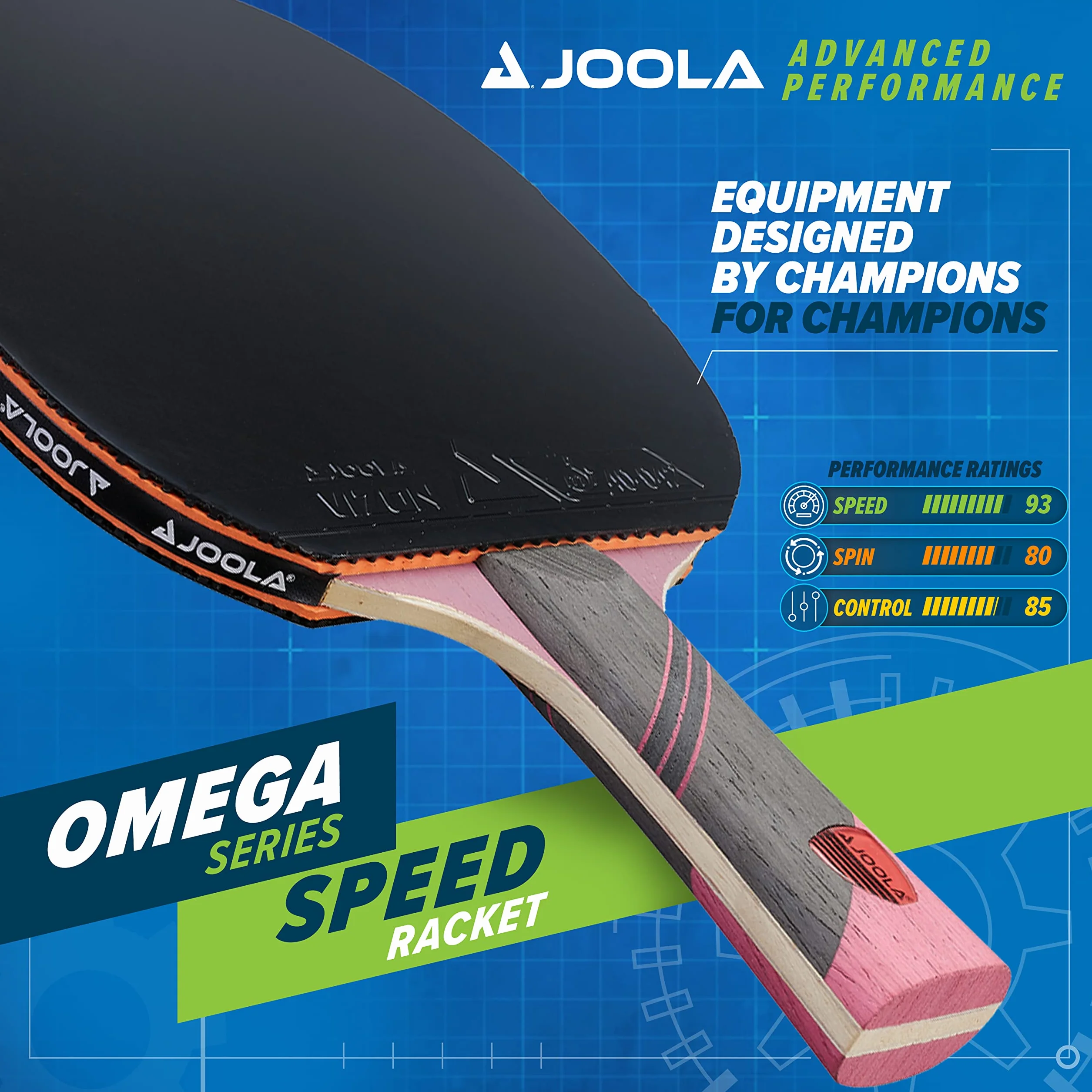 JOOLA Omega Speed Zaawansowany trening rakieta do tenisa stołowego z rozkloszowanym uchwytem Rakieta do tenisa stołowego na poziomie turniejowym z gumą do tenisa stołowego Torrent 33, zaprojektowana z