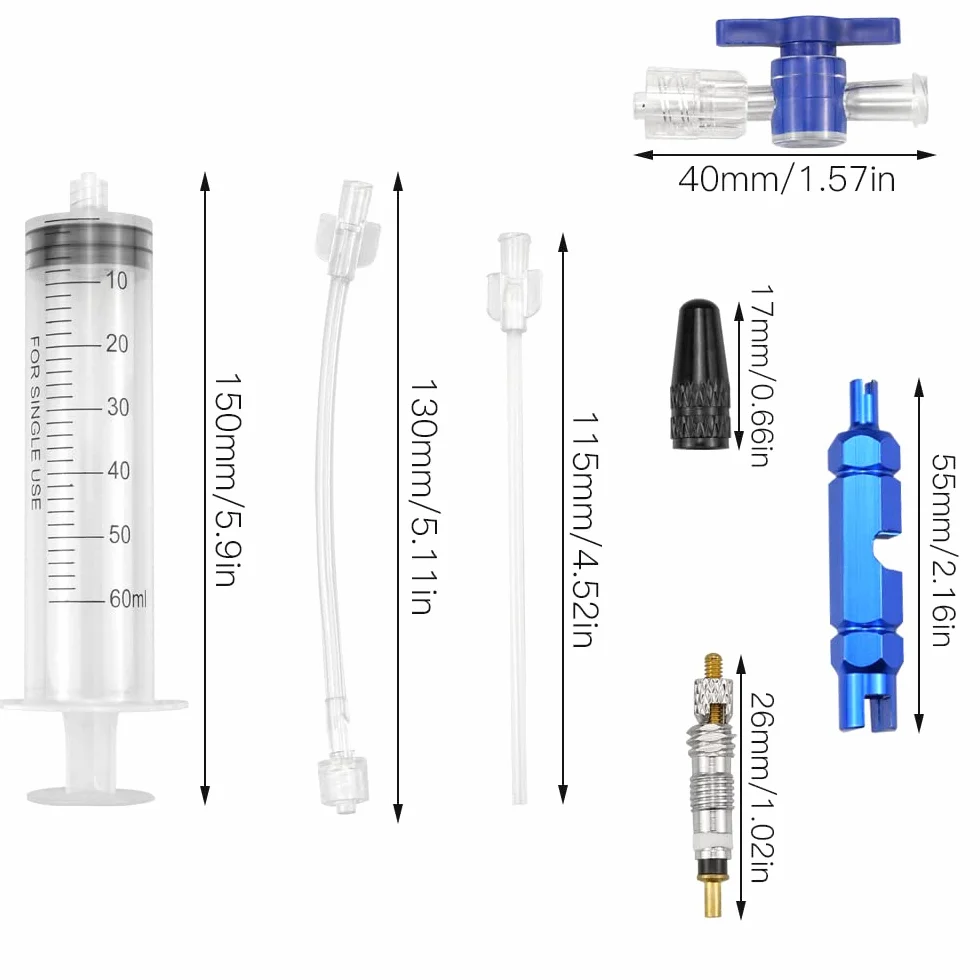 Zestaw strzykawek rowerowych, 60 ml, narzędzie do usuwania rdzenia zaworu francuskiego, narzędzie do usuwania rdzenia zaworu, bezdętkowe wtryskiwacz do opon z narzędziem do usuwania rdzenia